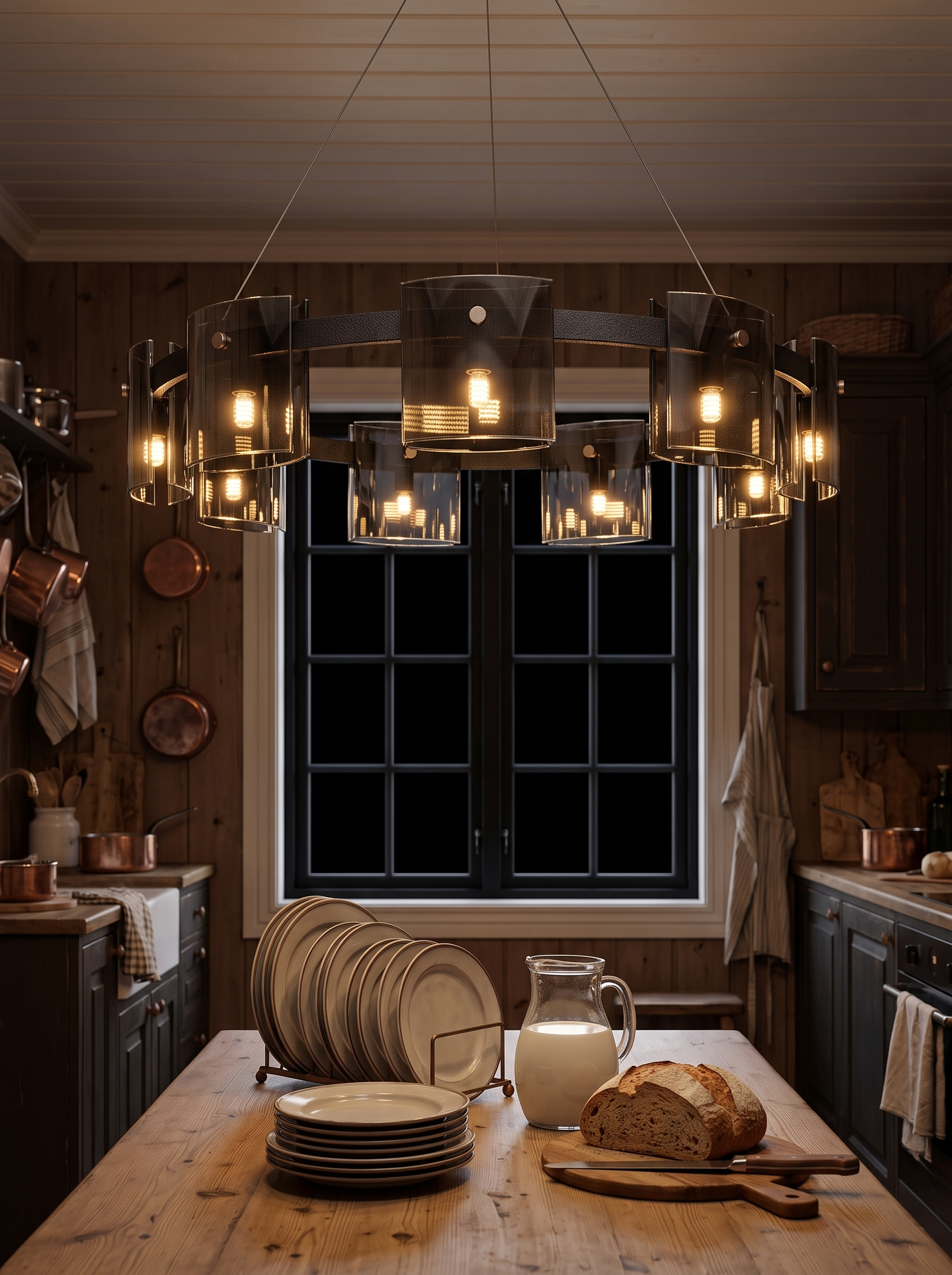 Echion Nine Light Acrylic Ring Chandelier lighting a kitchen at night
