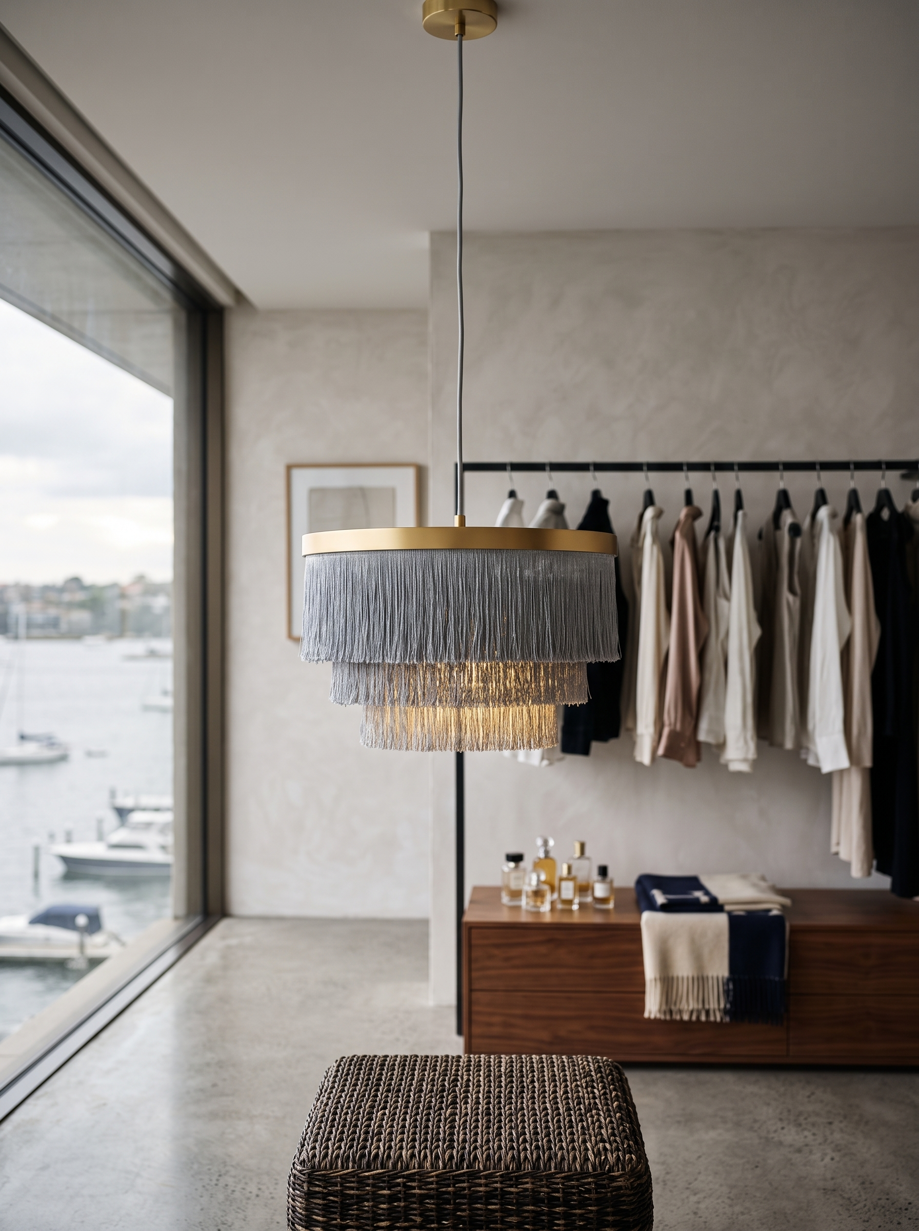Dorotheos Tiered Fabric Fringe Chandelier close view in a dressing room