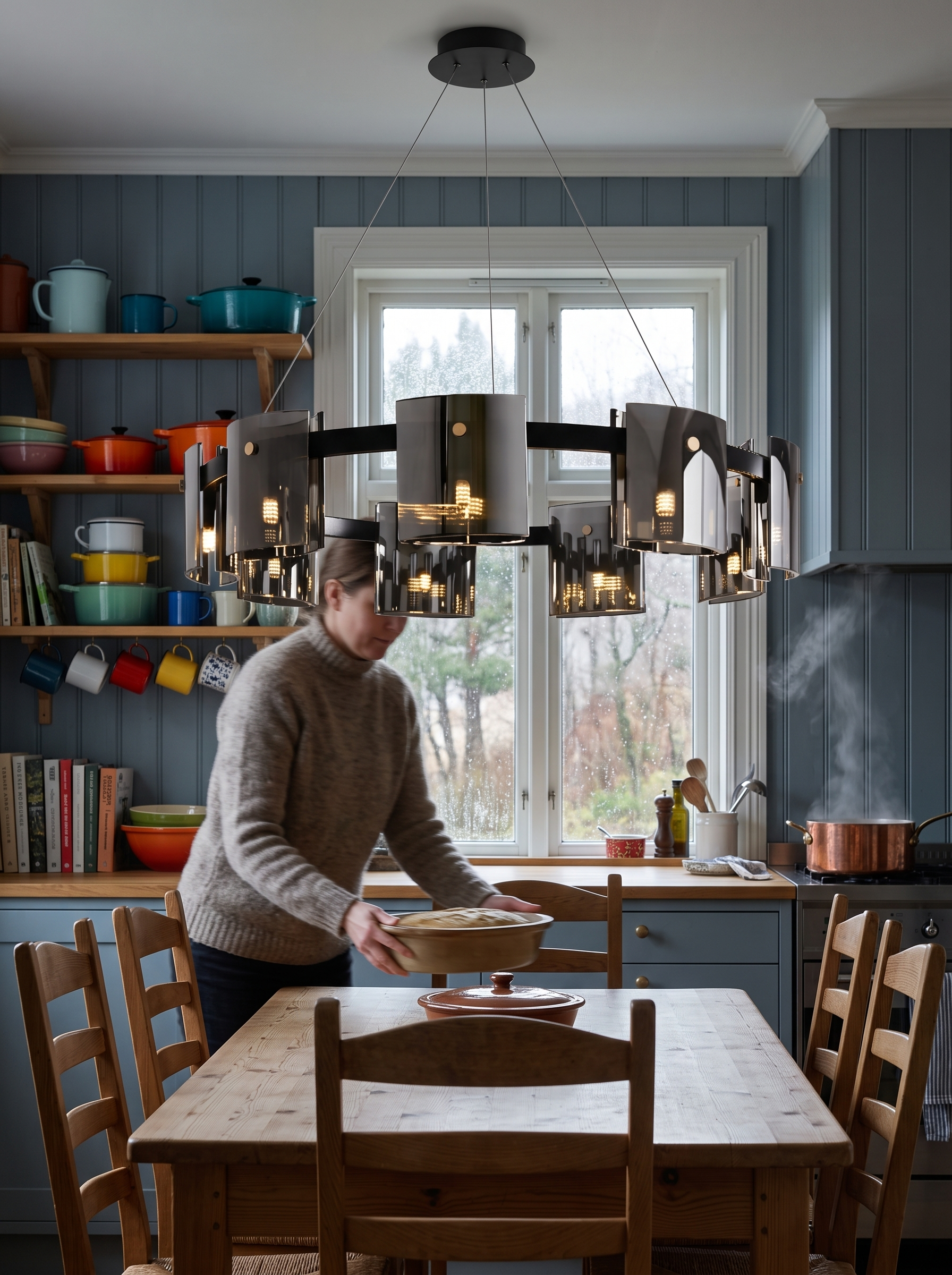 Echion Nine Light Acrylic Ring Chandelier lit in a kitchen