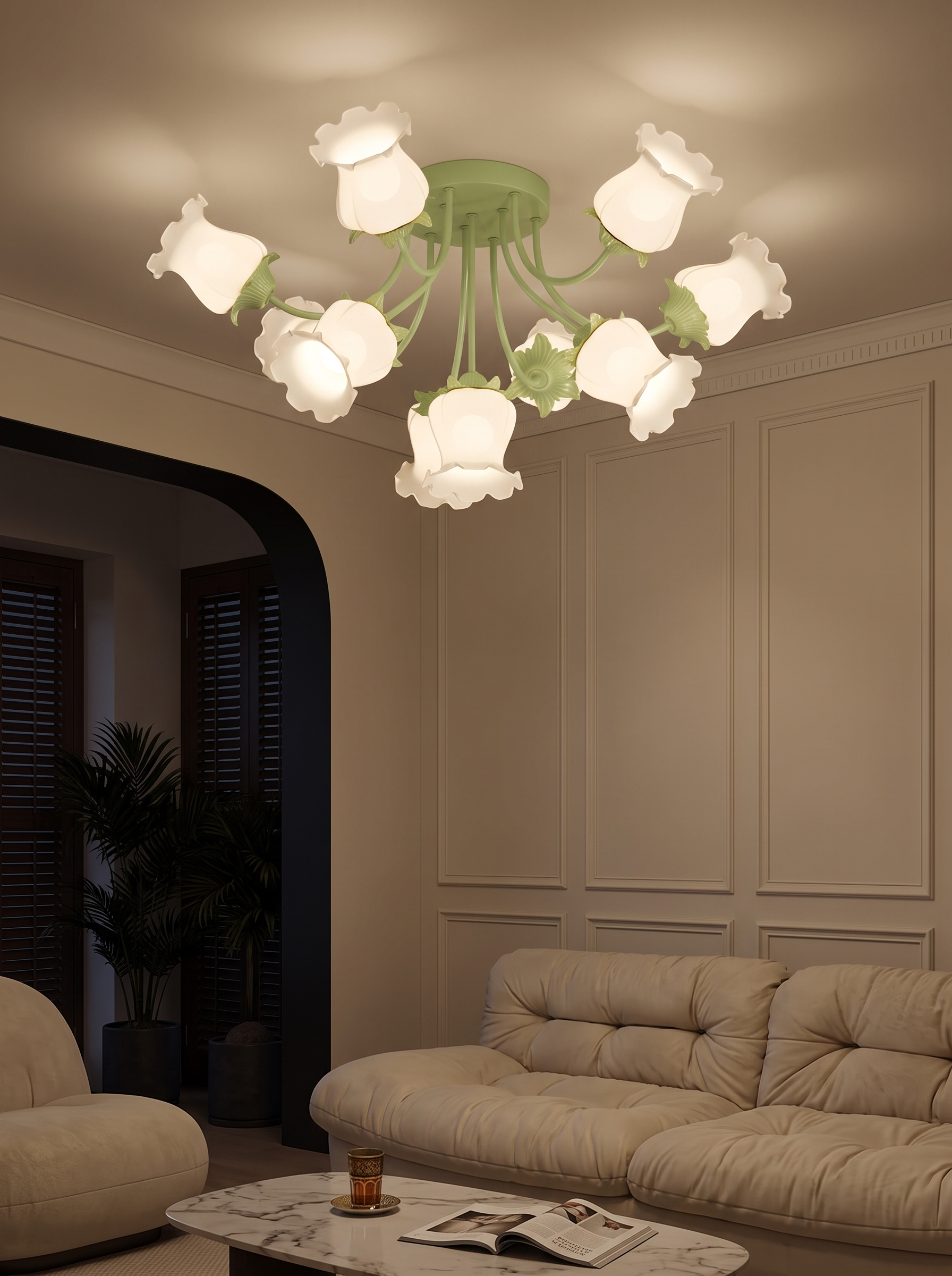 Eumelia Ten Light Glass Flower Ceiling Light lighting a living room at night