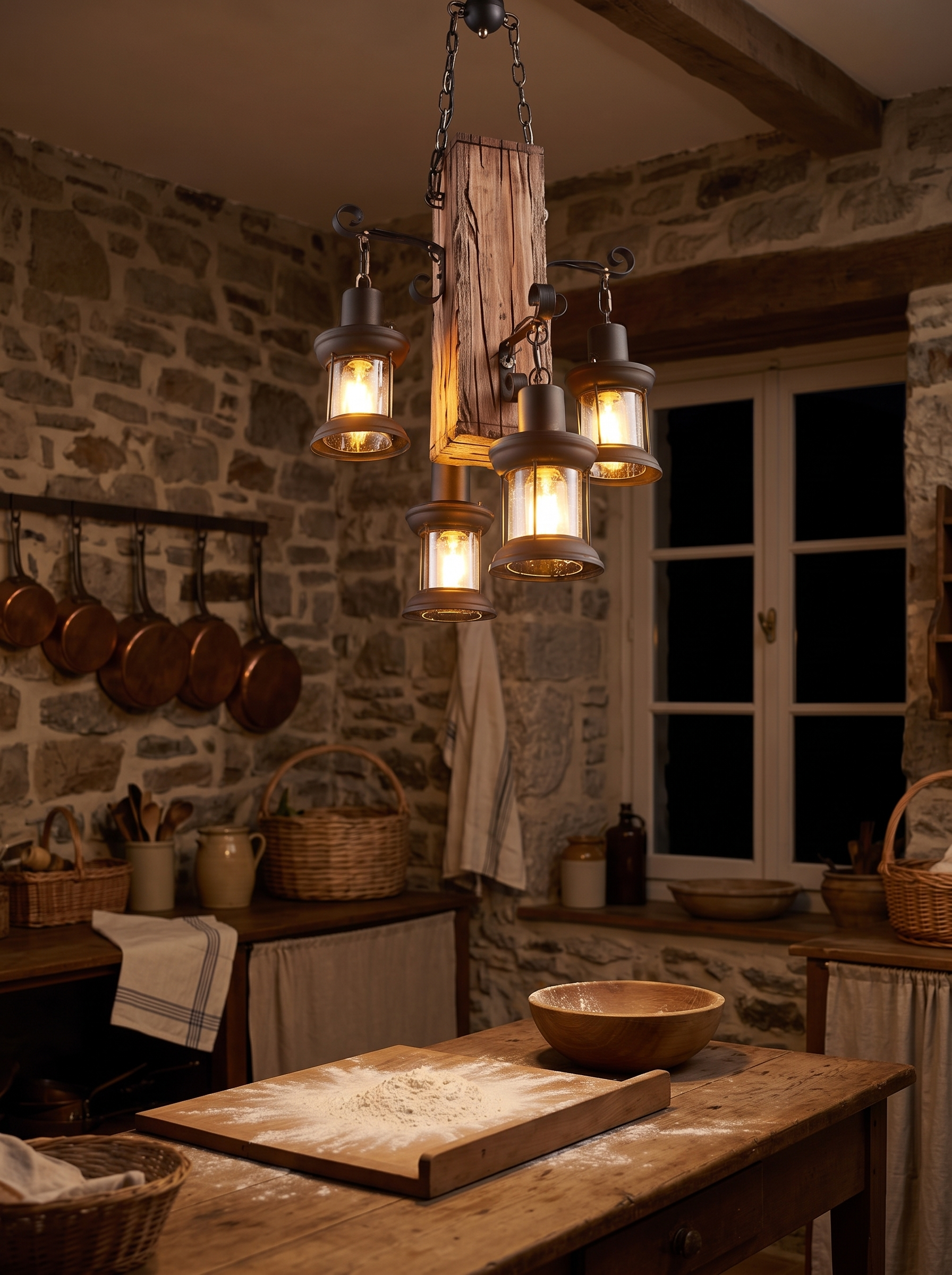 Erasmia Wood 4 Light Lantern Chandelier lighting a kitchen at night