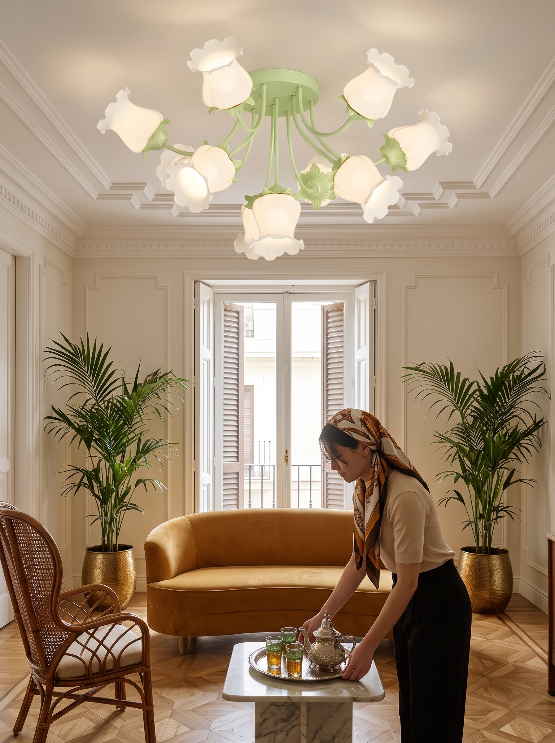 Eumelia Ten Light Glass Flower Ceiling Light lit in a living room
