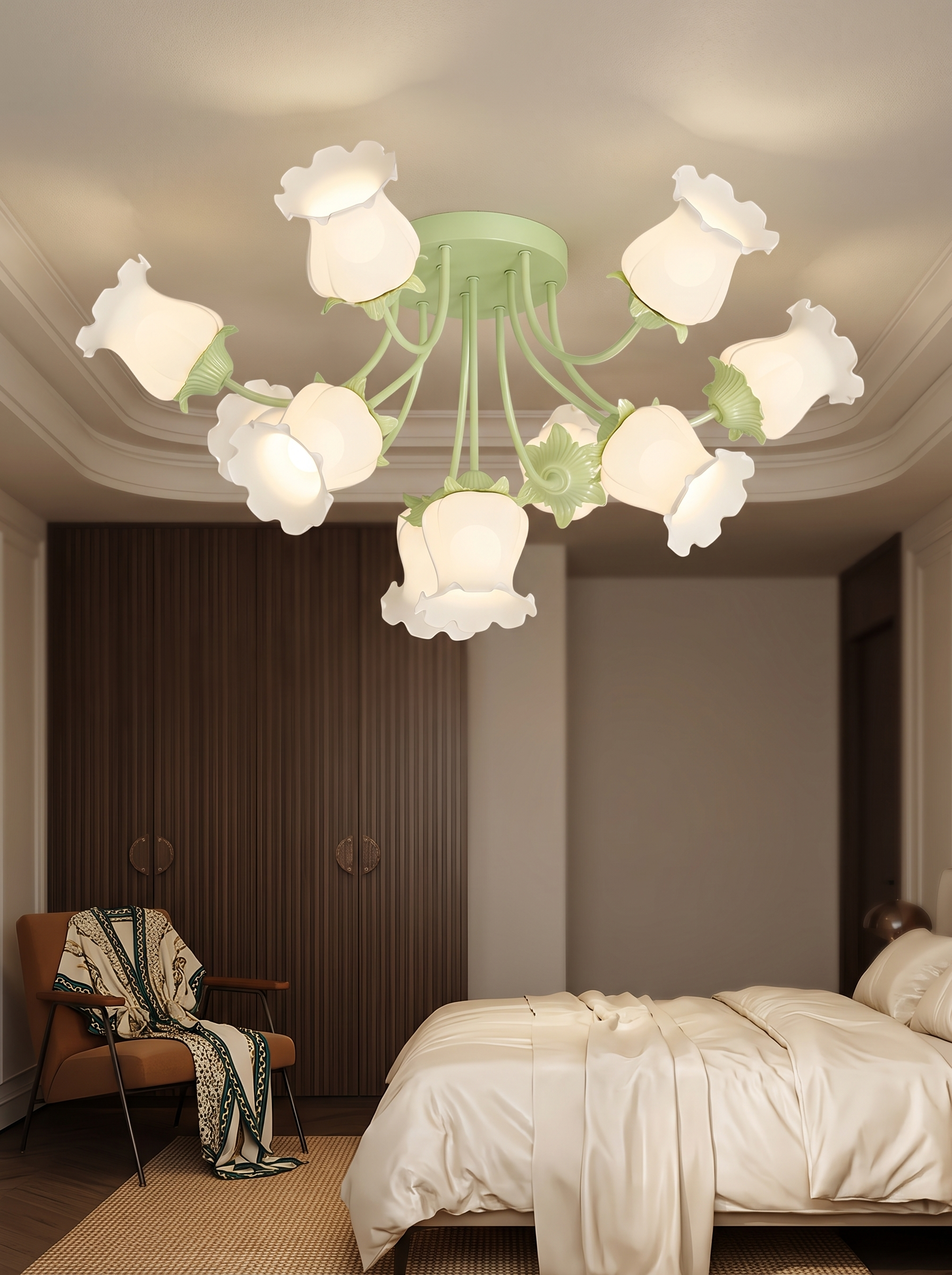 Eumelia Ten Light Glass Flower Ceiling Light close view in a bedroom