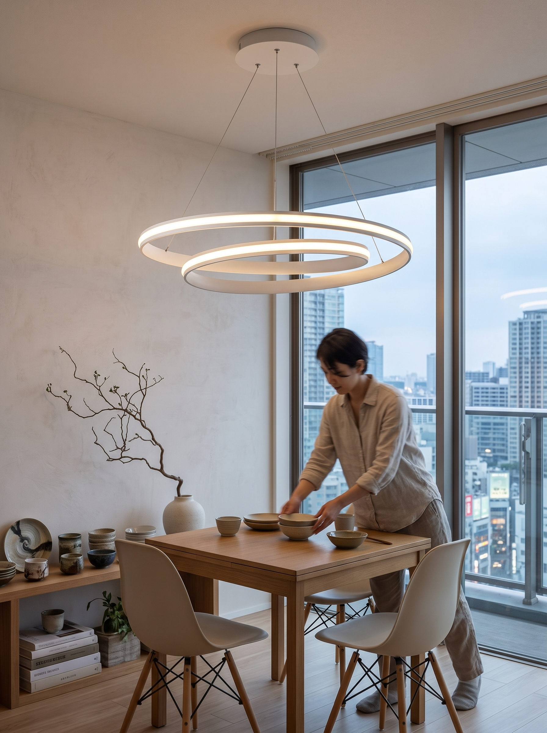Eupolis LED Ring Chandelier lit over a dining table