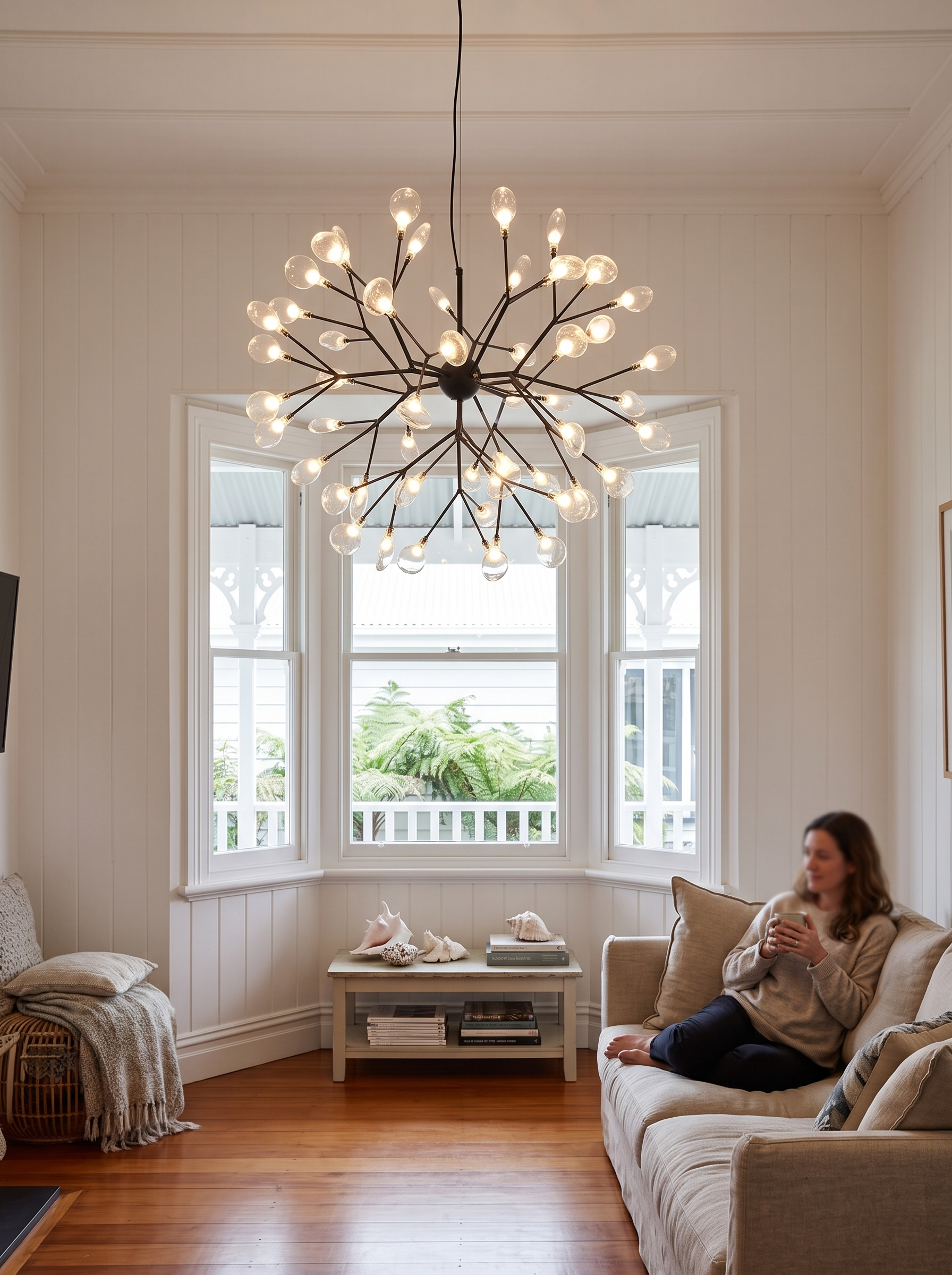 Gorgias 36 Light Cluster Chandelier lit in a living room