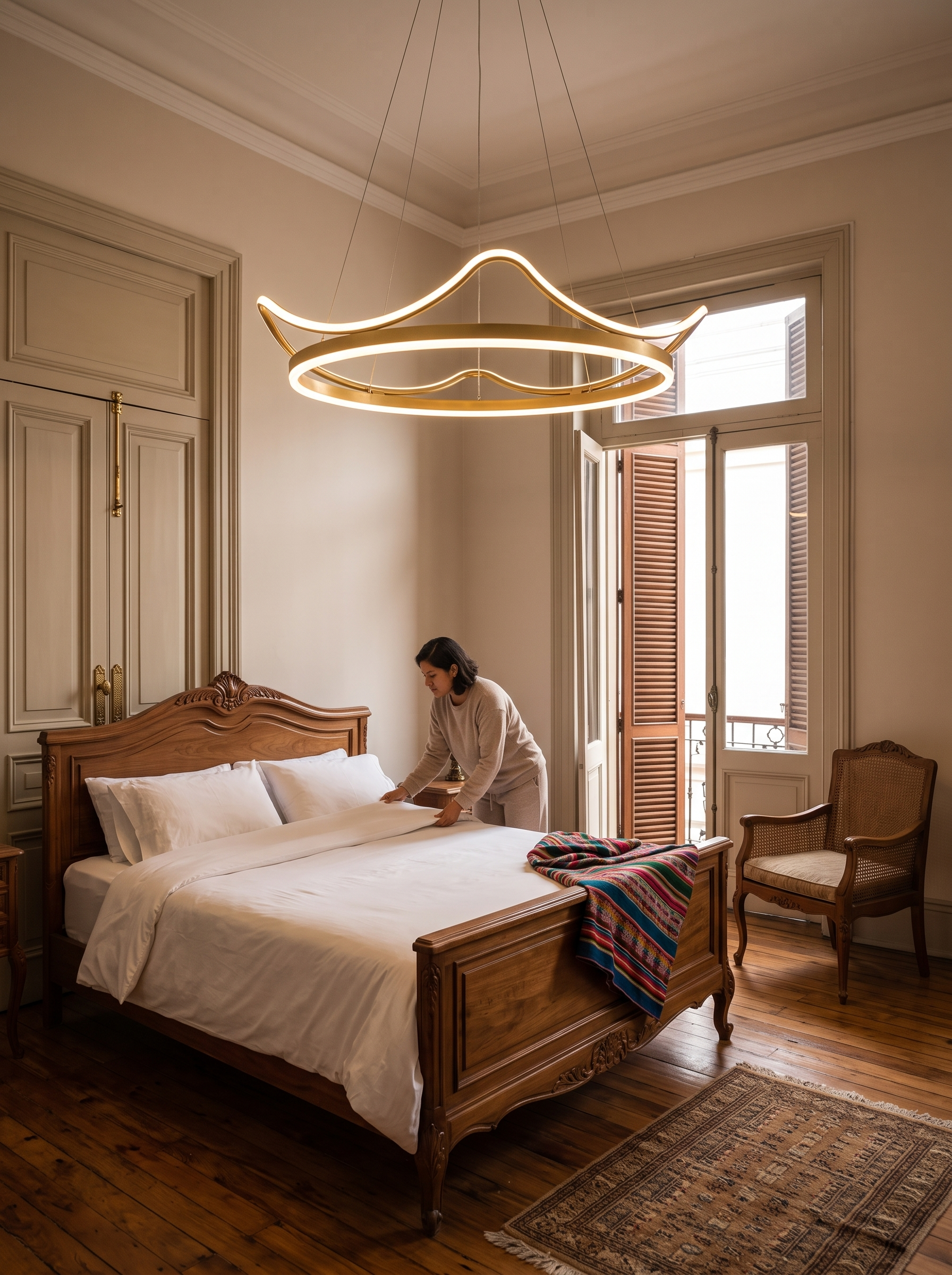 Gelanor Crown Ring LED Ceiling Light lit in a bedroom
