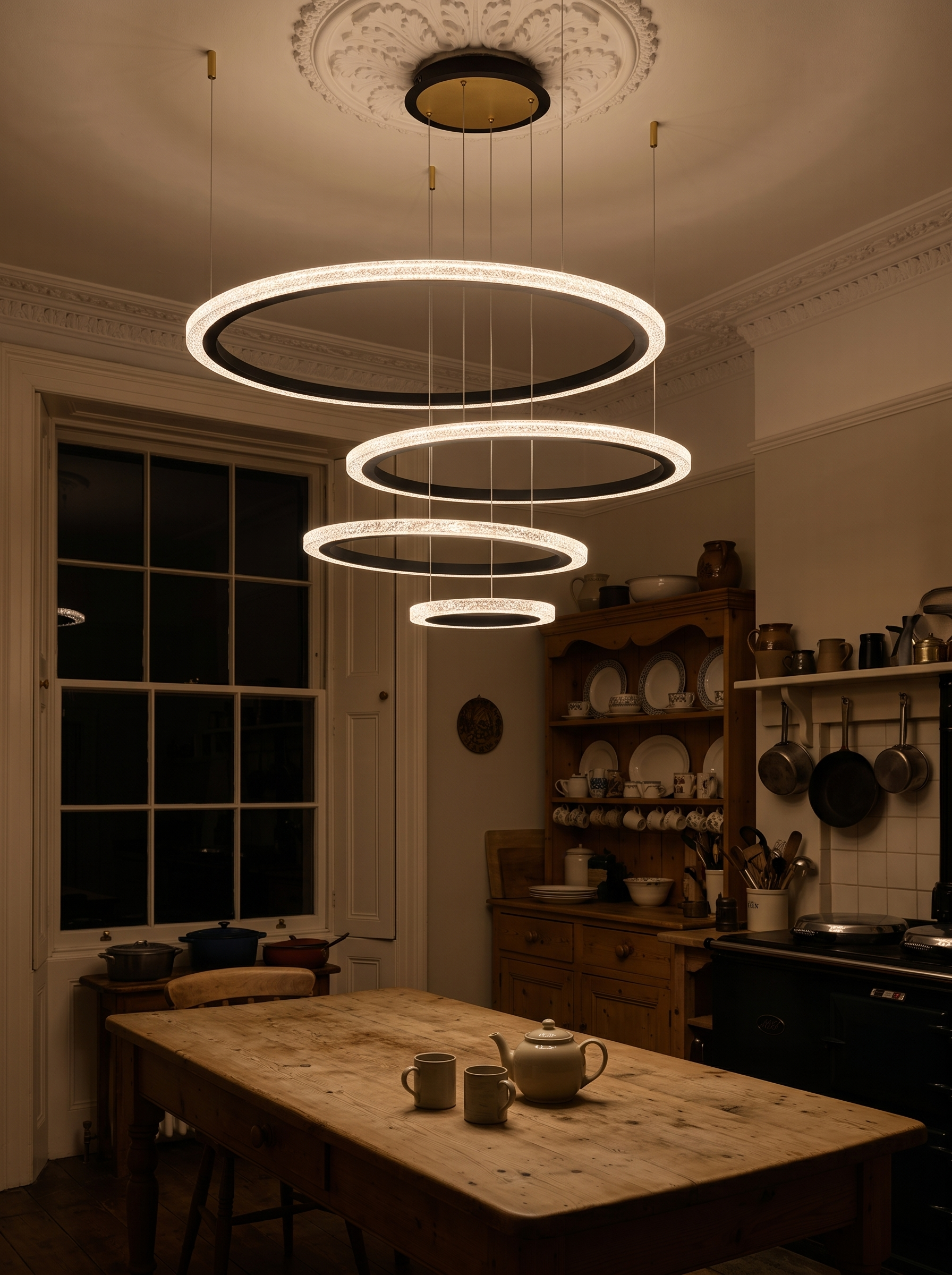 Glykera Layered Ring LED Ceiling Light lighting a kitchen at night