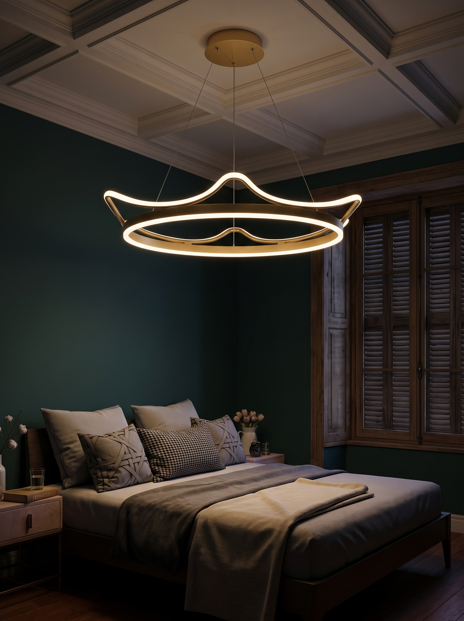 Gelanor Crown Ring LED Ceiling Light lighting a bedroom at night