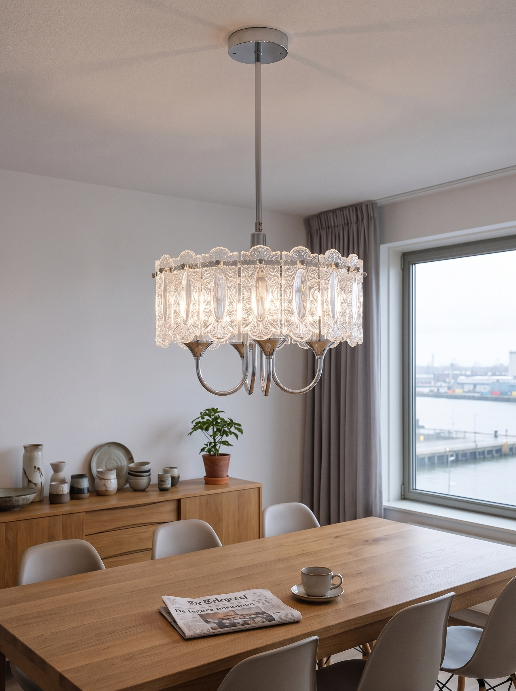 Helike Chrome and Glass Drum Chandelier close view in a dining corner