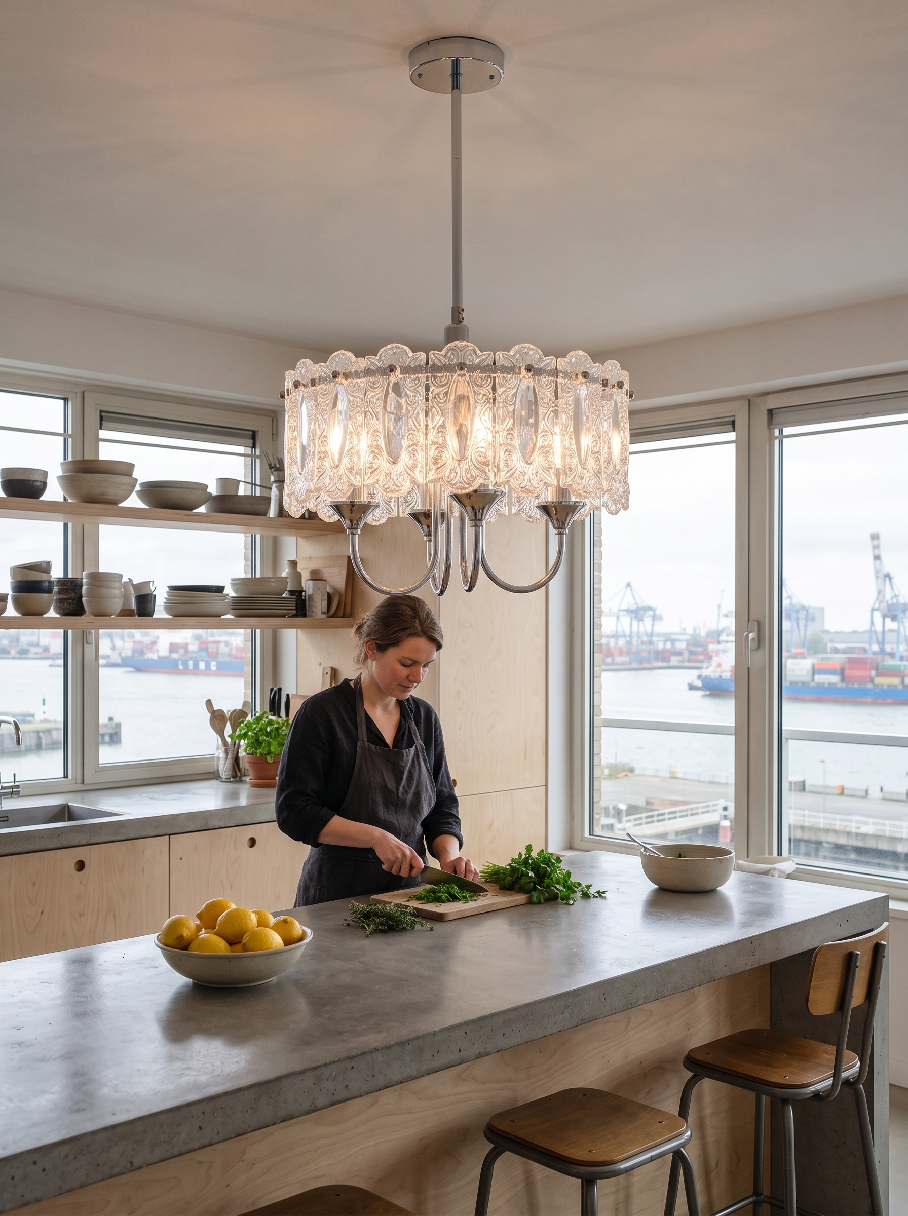 Helike Chrome and Glass Drum Chandelier lit over a kitchen island