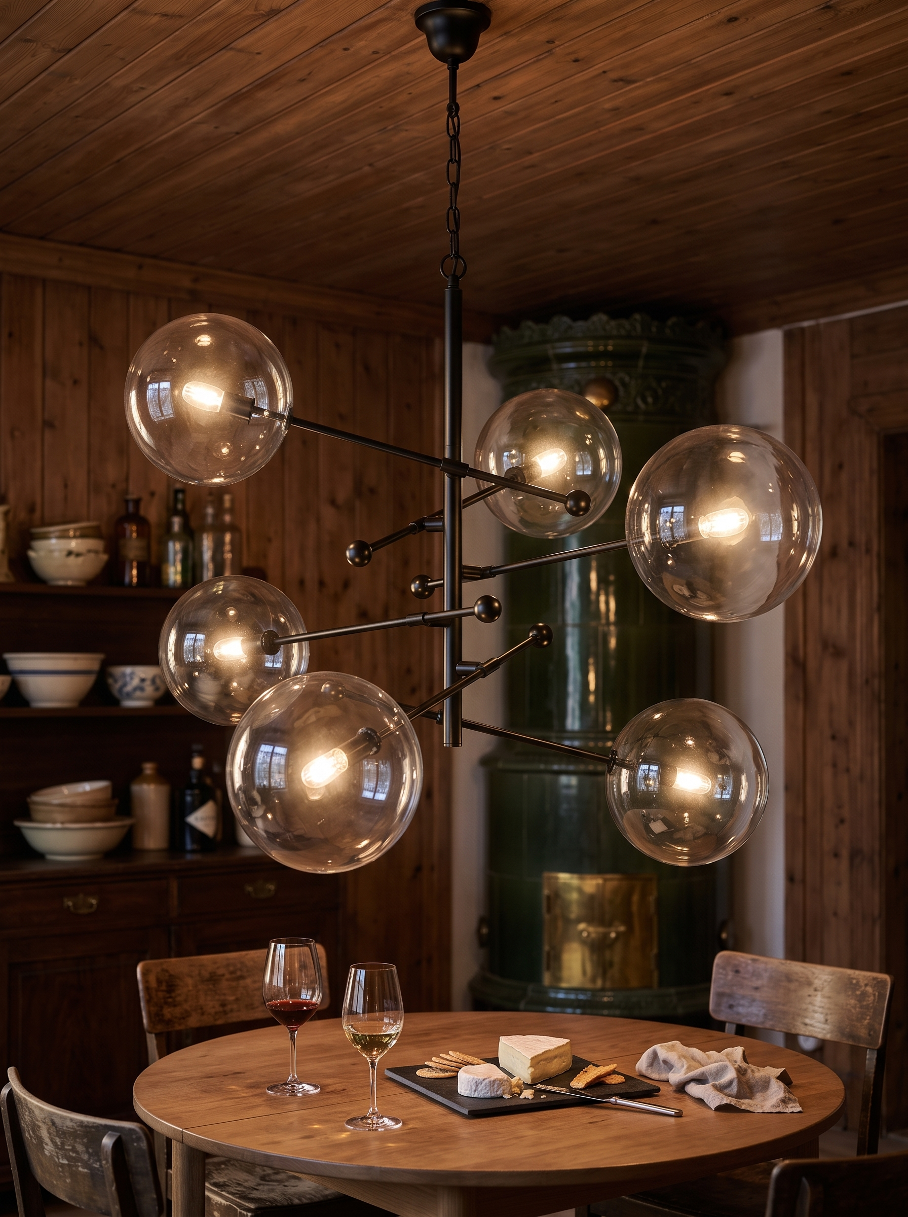 Hegesias Geometric Globe Glass Chandelier lighting a dining room at night