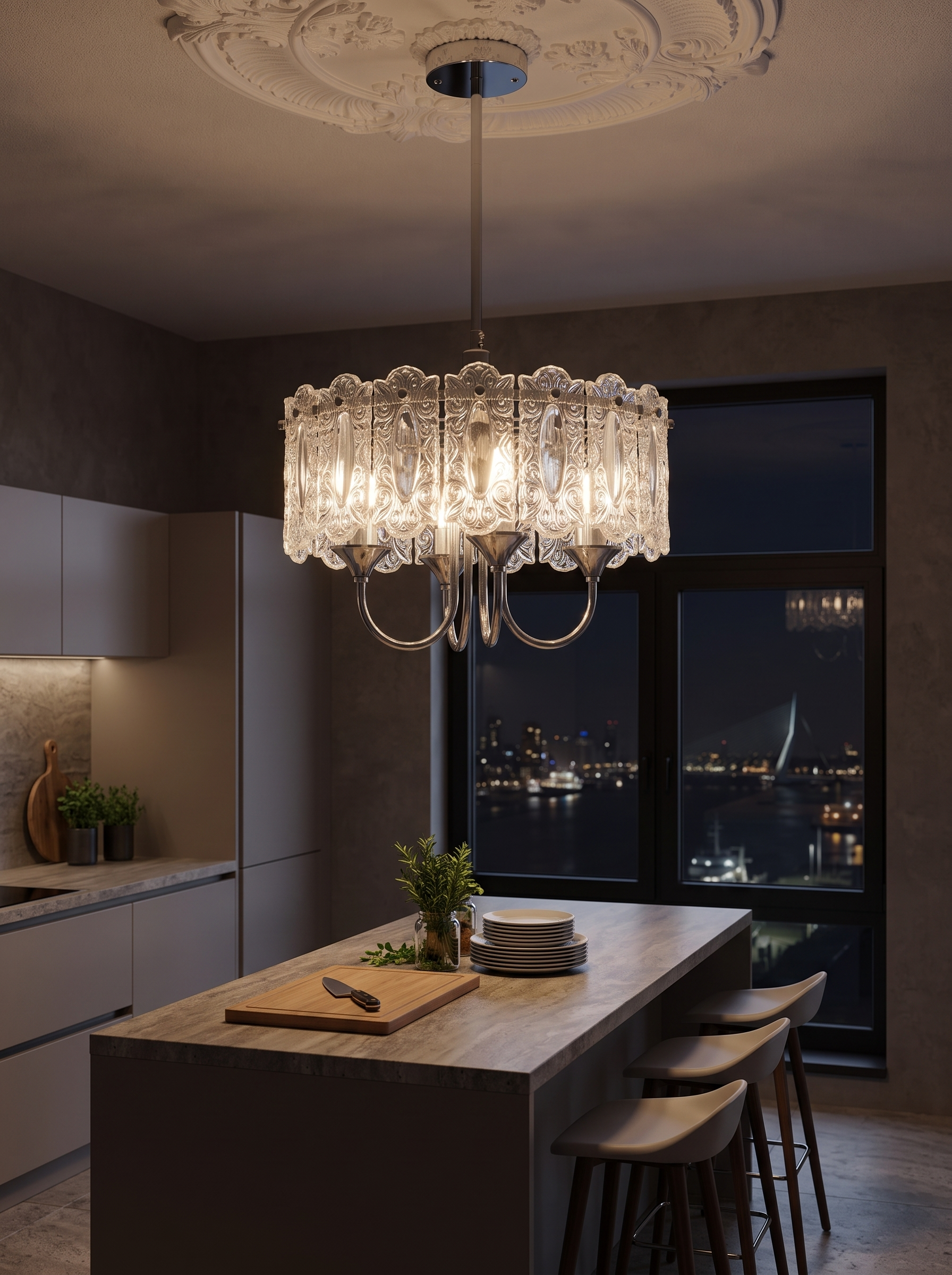 Helike Chrome and Glass Drum Chandelier lighting a kitchen at night