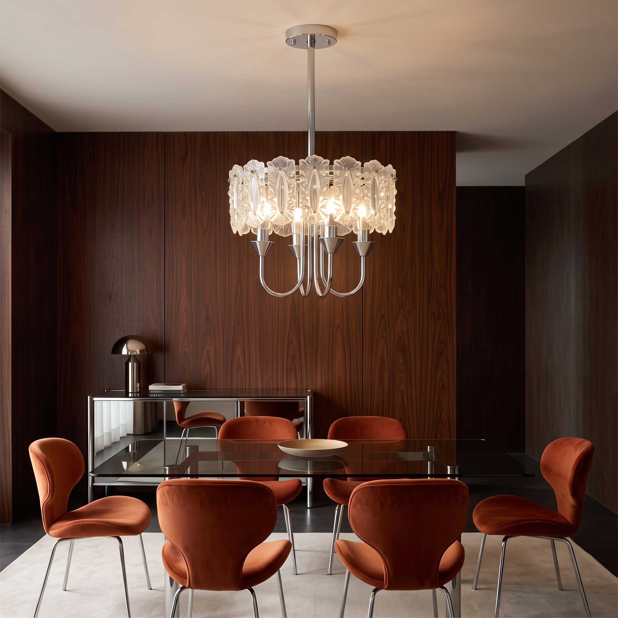 Helike chrome and glass drum chandelier in a 1970s Italian modern dining room