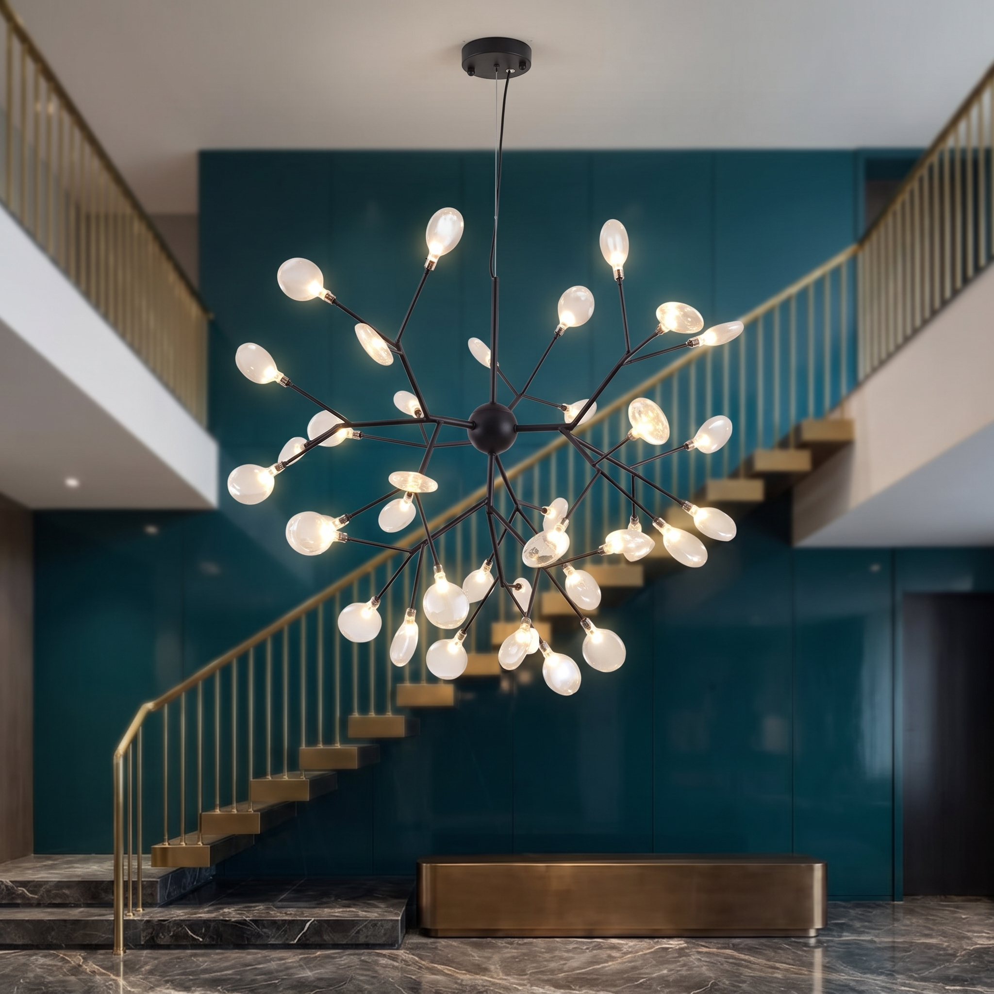 Gorgias 36-light cluster chandelier in black in a double-height stairwell