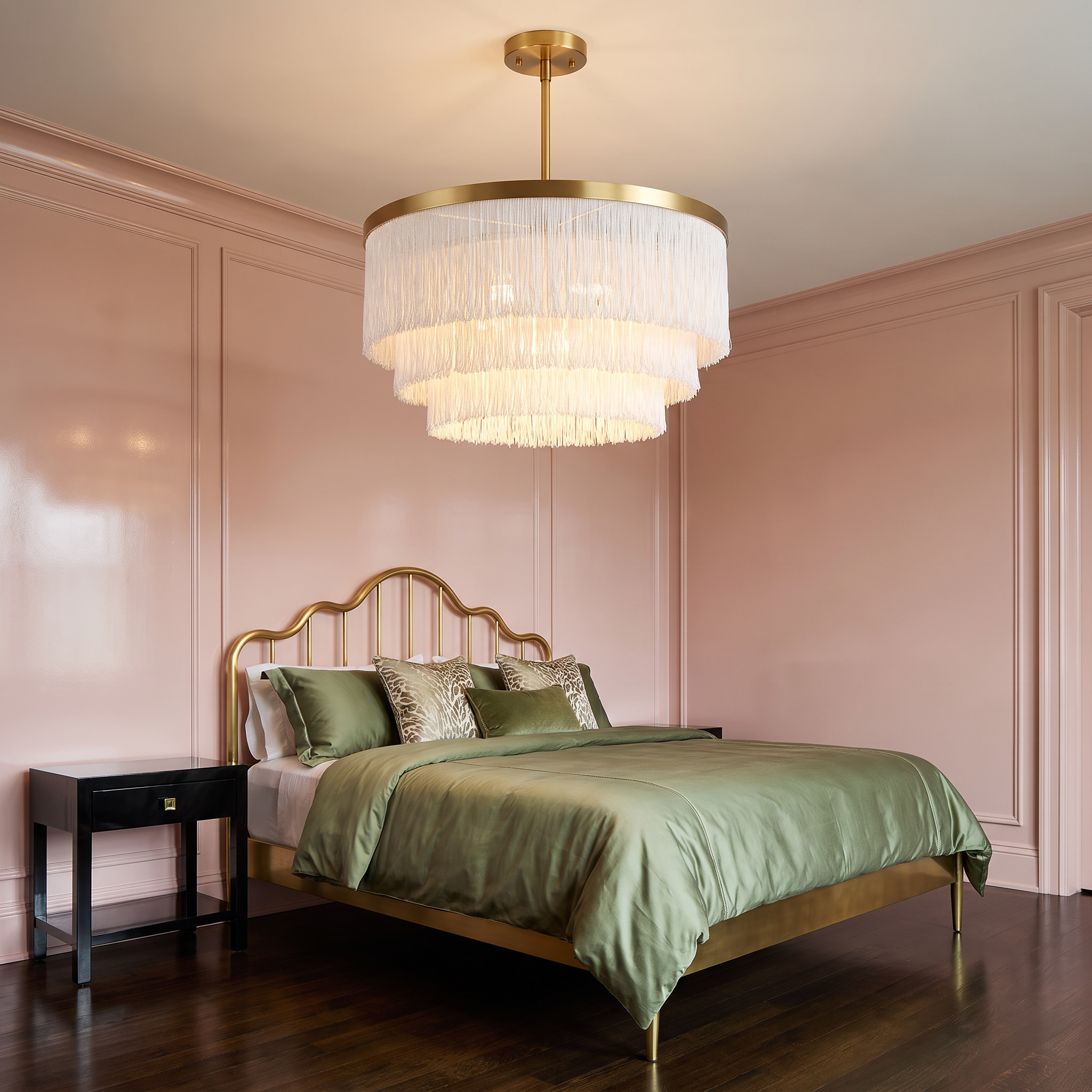 Dorotheos tiered fabric fringe chandelier in white in a Hollywood Regency bedroom