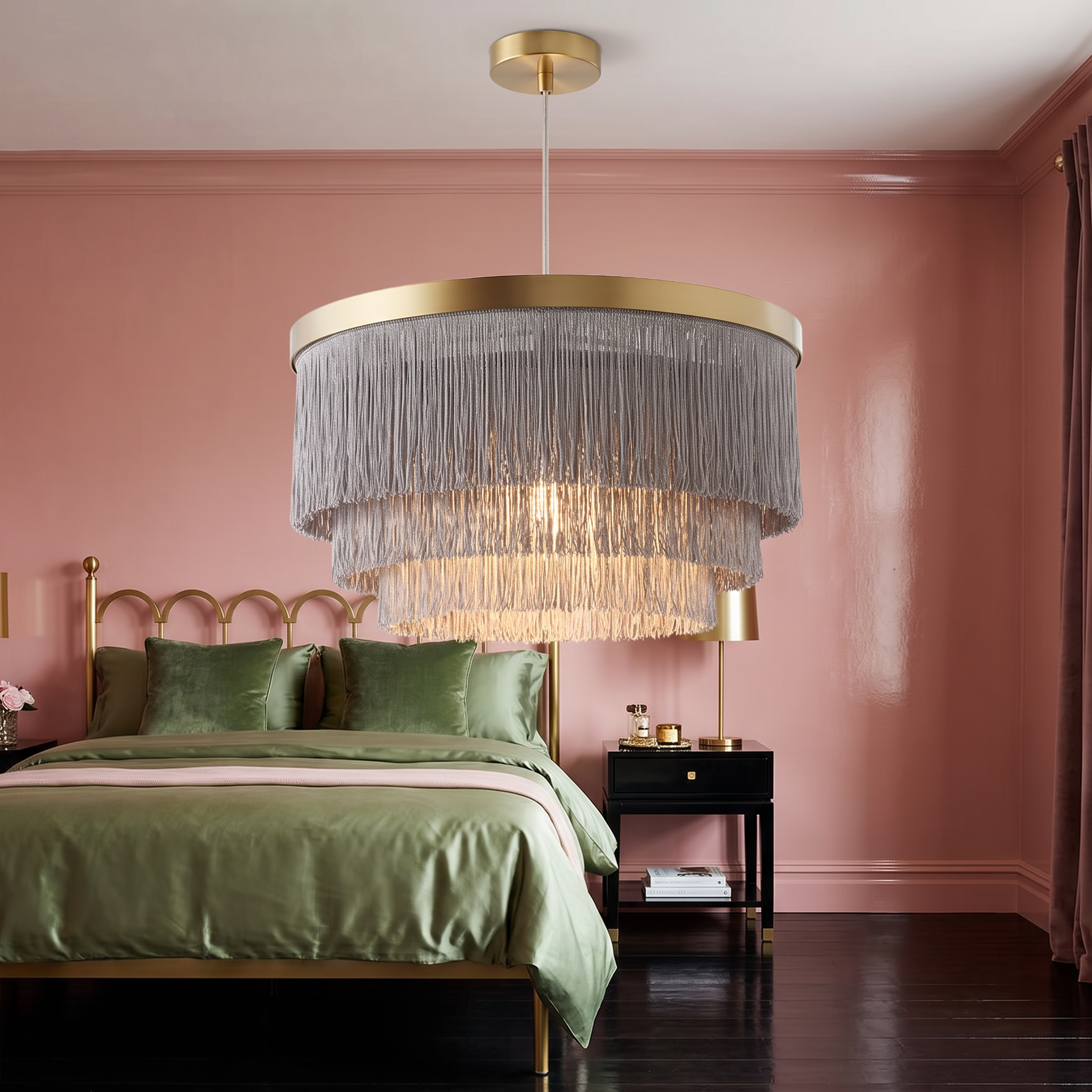 Dorotheos tiered fabric fringe chandelier in gray in a Hollywood Regency bedroom