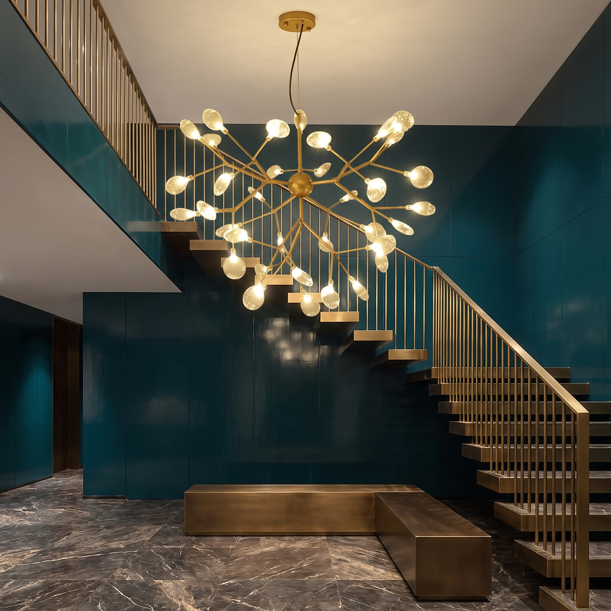 Gorgias 36-light cluster chandelier in gold in a double-height stairwell