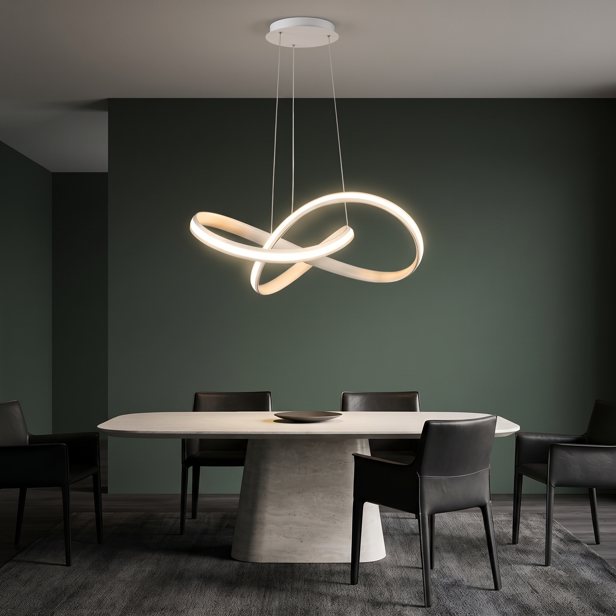 Hagnon Mobius ring LED pendant in white in a Scandi-noir dining space