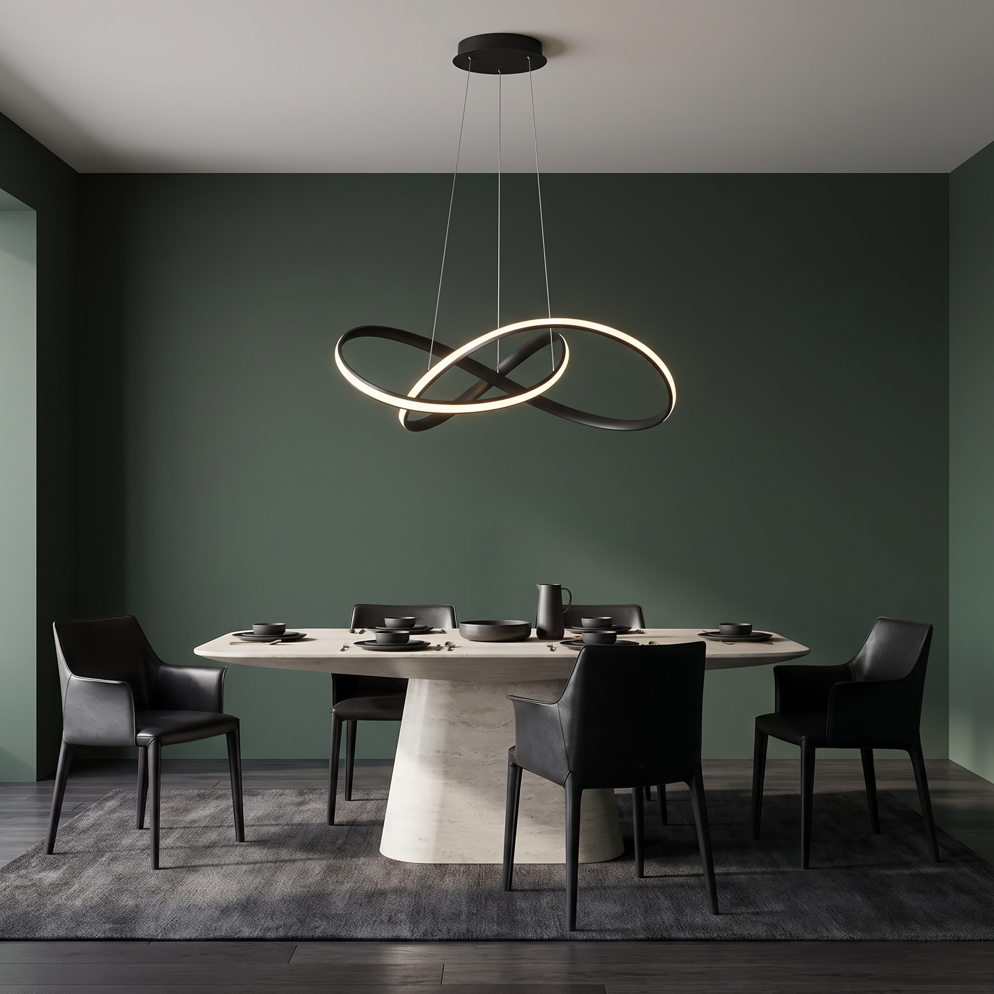 Hagnon Mobius ring LED pendant in black in a Scandi-noir dining space