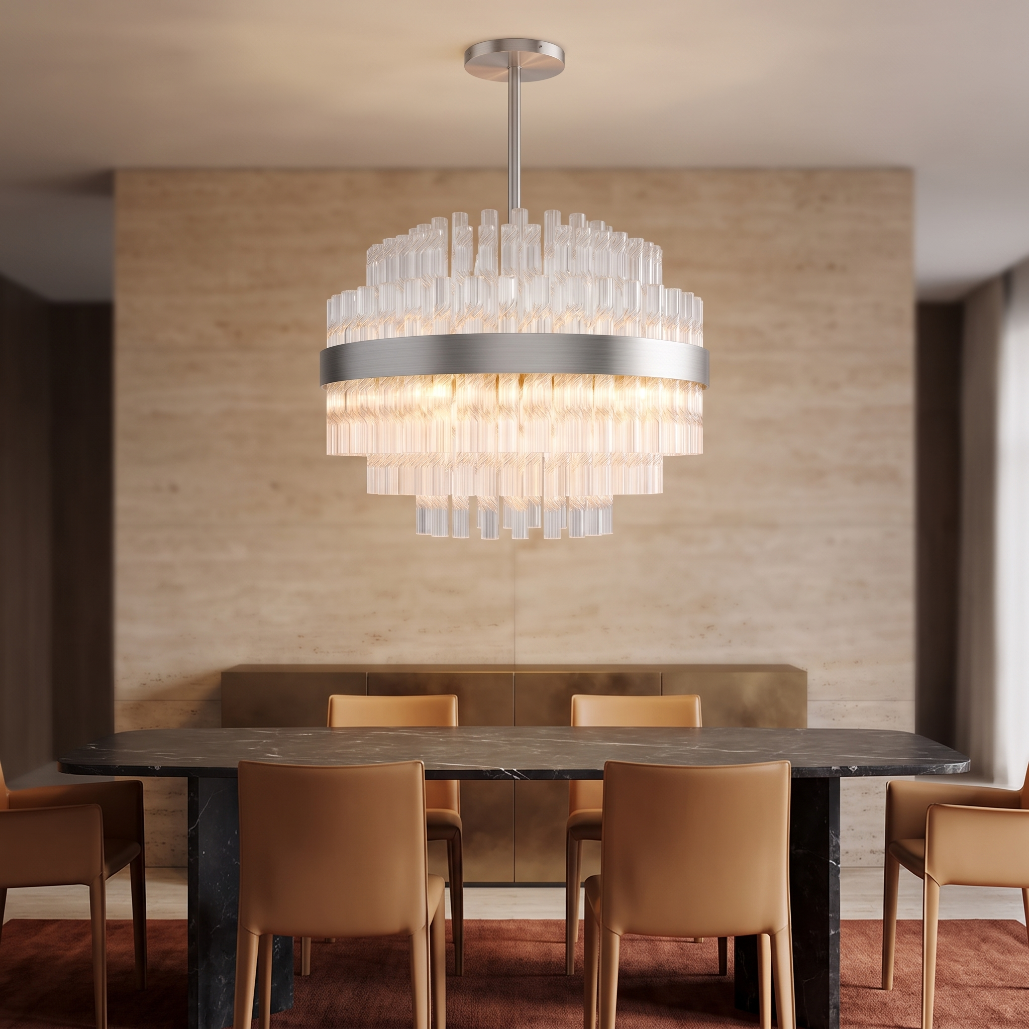 Hermione glass rod chandelier in nickel in a warm contemporary dining room