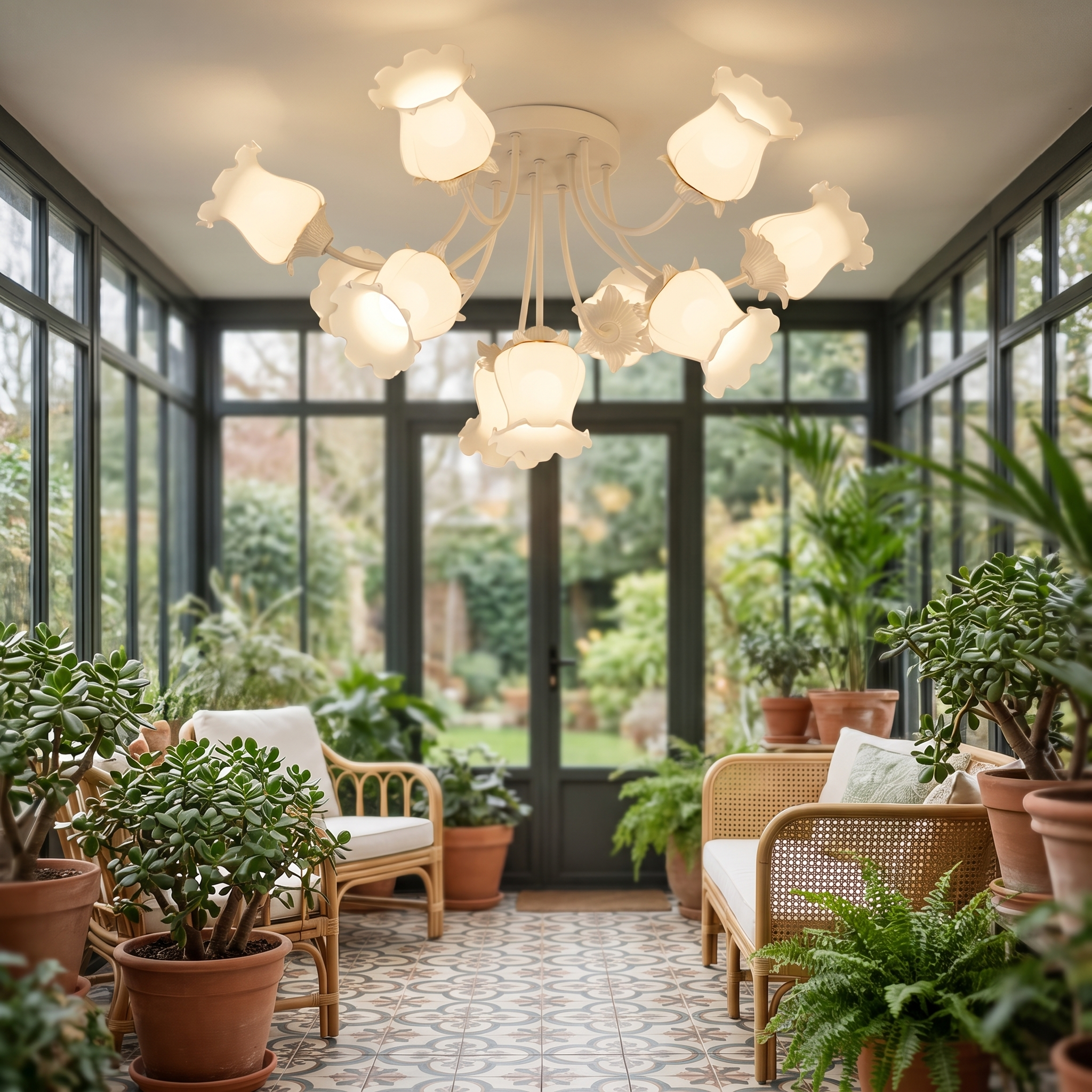 Eumelia ten-light glass flower ceiling light in white in a botanical garden room
