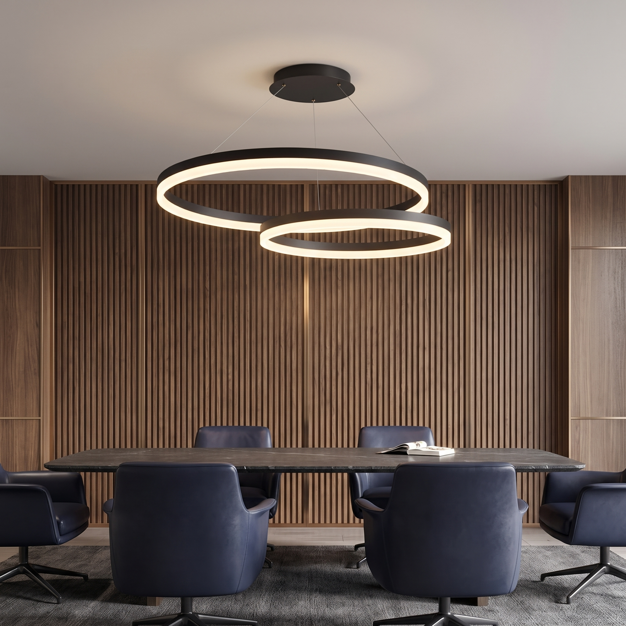 Glykera layered ring LED ceiling light two rings in black in an executive lounge