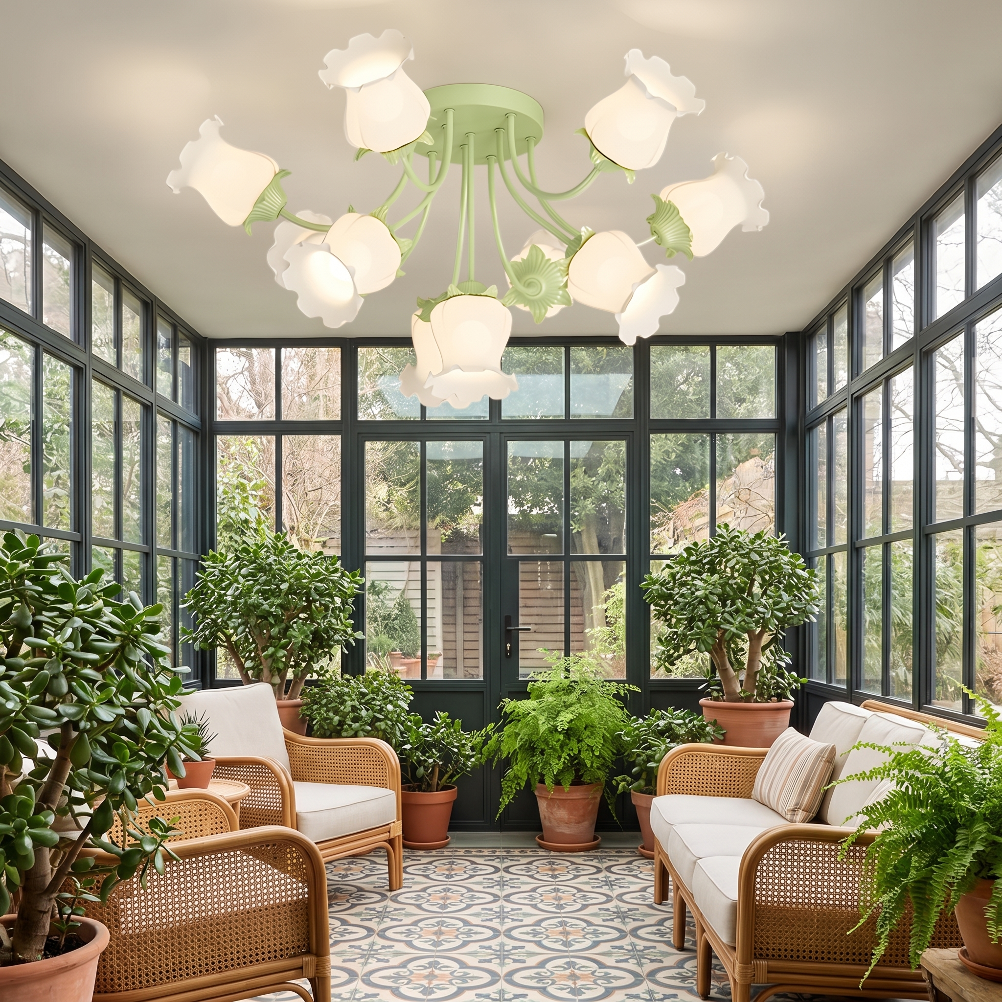 Eumelia ten-light glass flower ceiling light in green in a botanical garden room