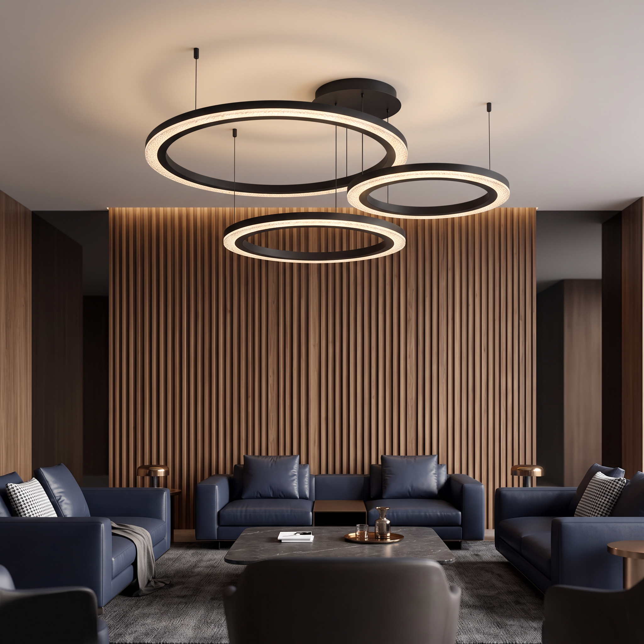 Glykera layered ring LED ceiling light three rings in black in an executive lounge