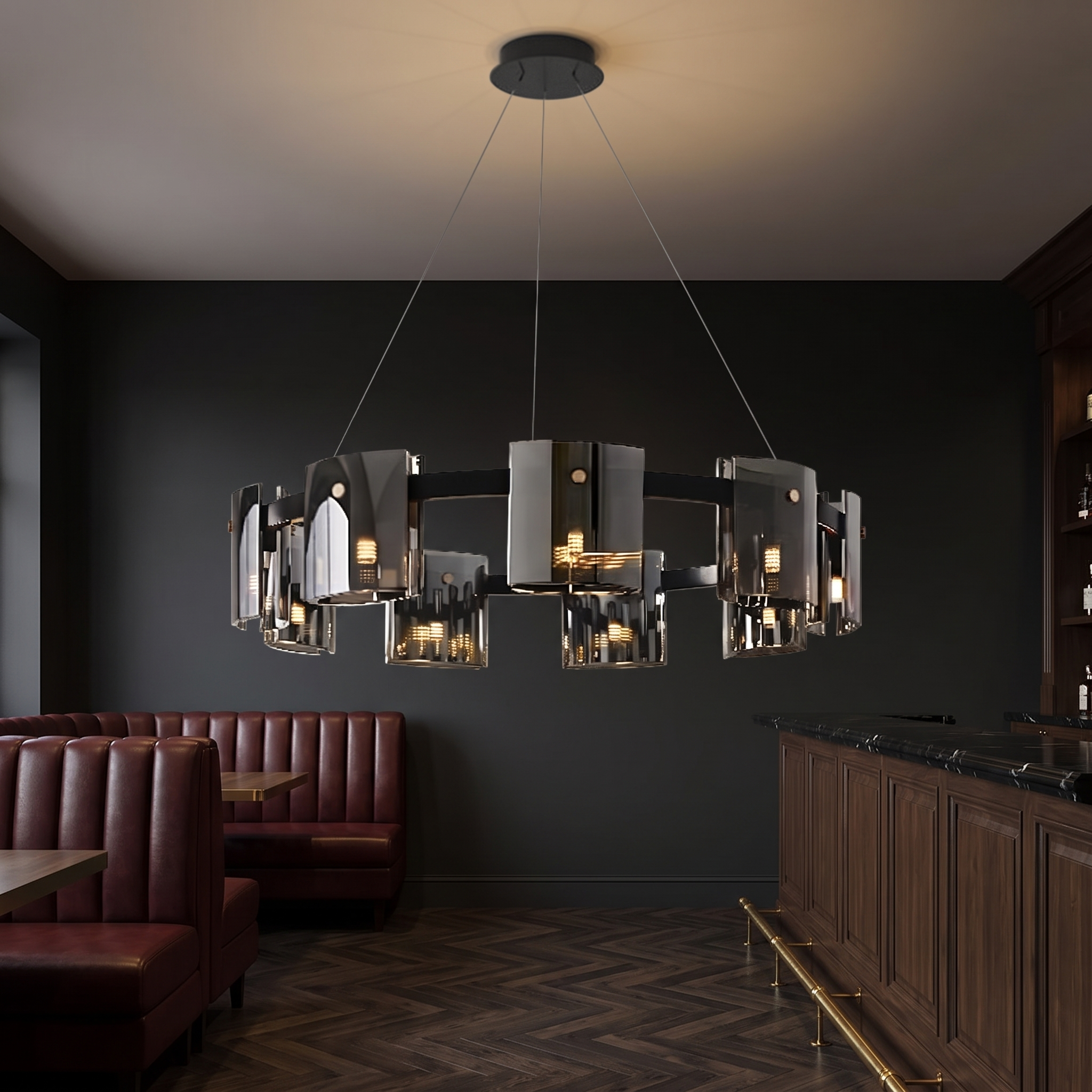 Echion nine-light acrylic ring chandelier in smoke gray in a speakeasy bar