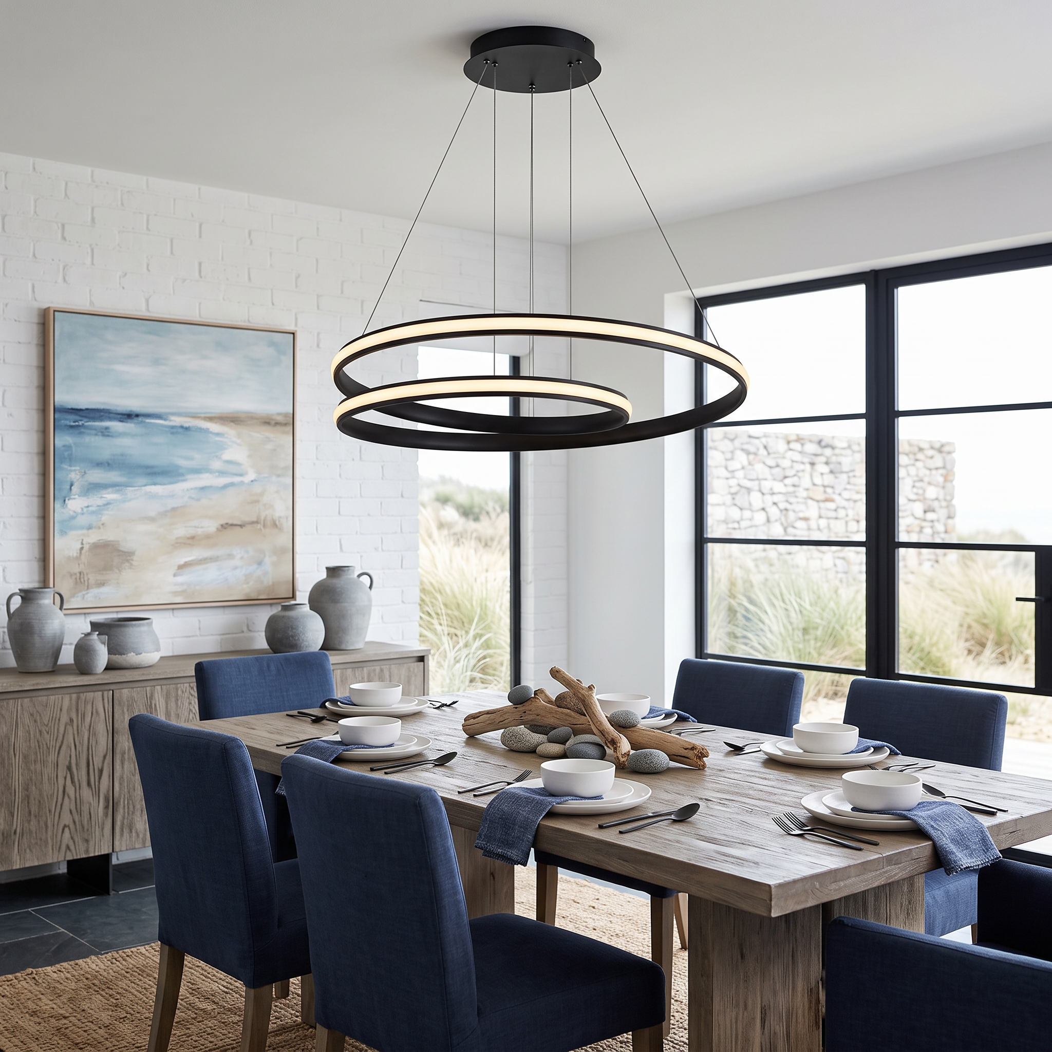 Eupolis LED ring chandelier in black in a coastal modern dining space