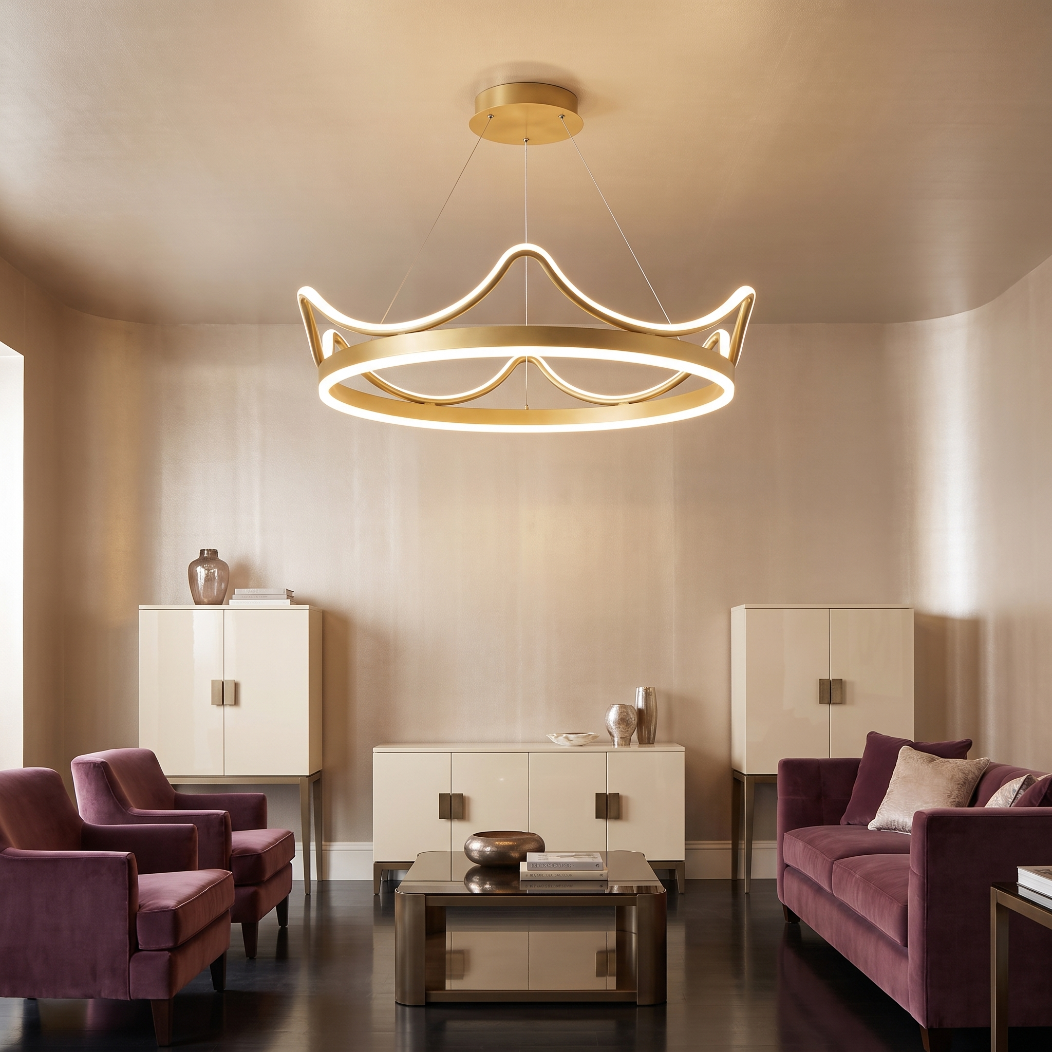 Gelanor crown ring LED ceiling light in gold in a glamorous contemporary sitting room