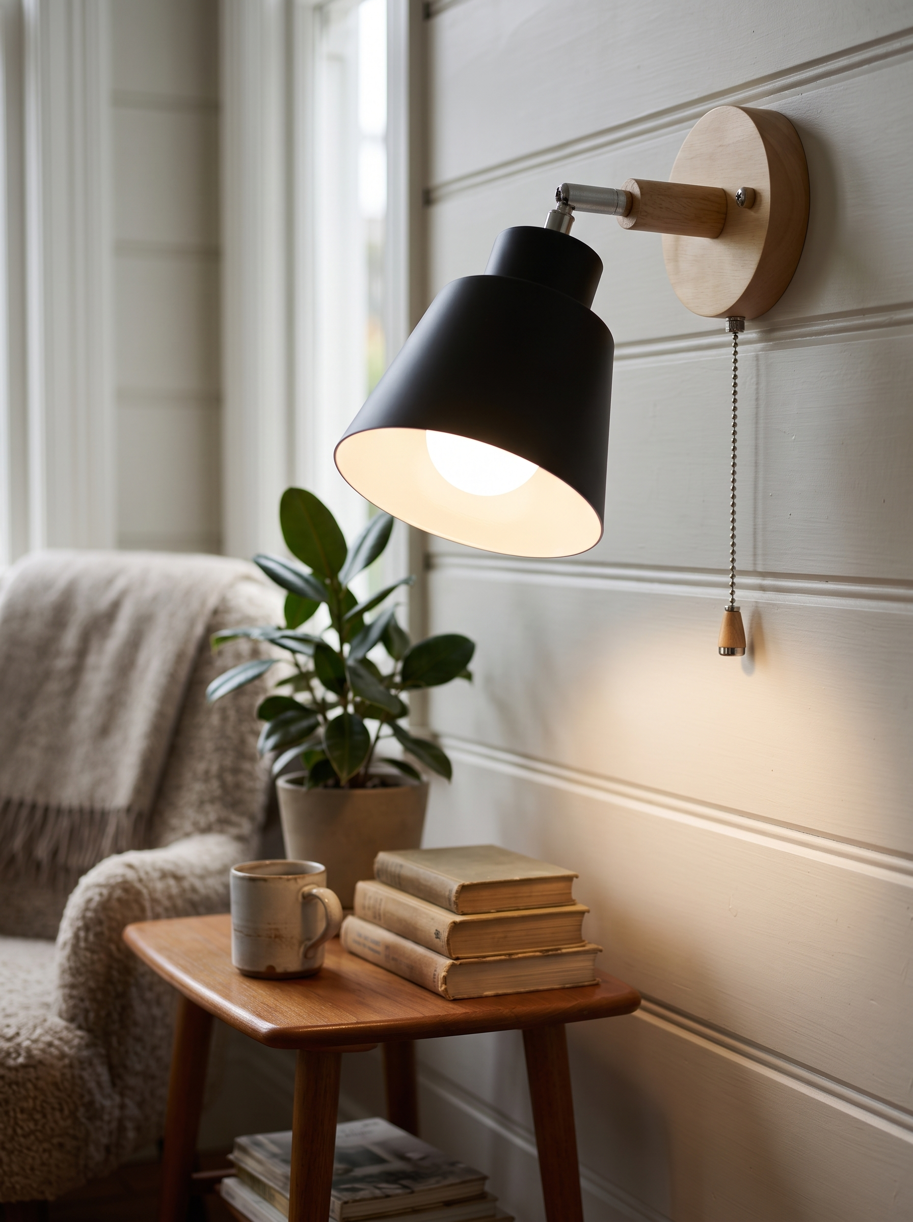 Strophios wall sconce, close view of the wood arm, backplate and pull chain