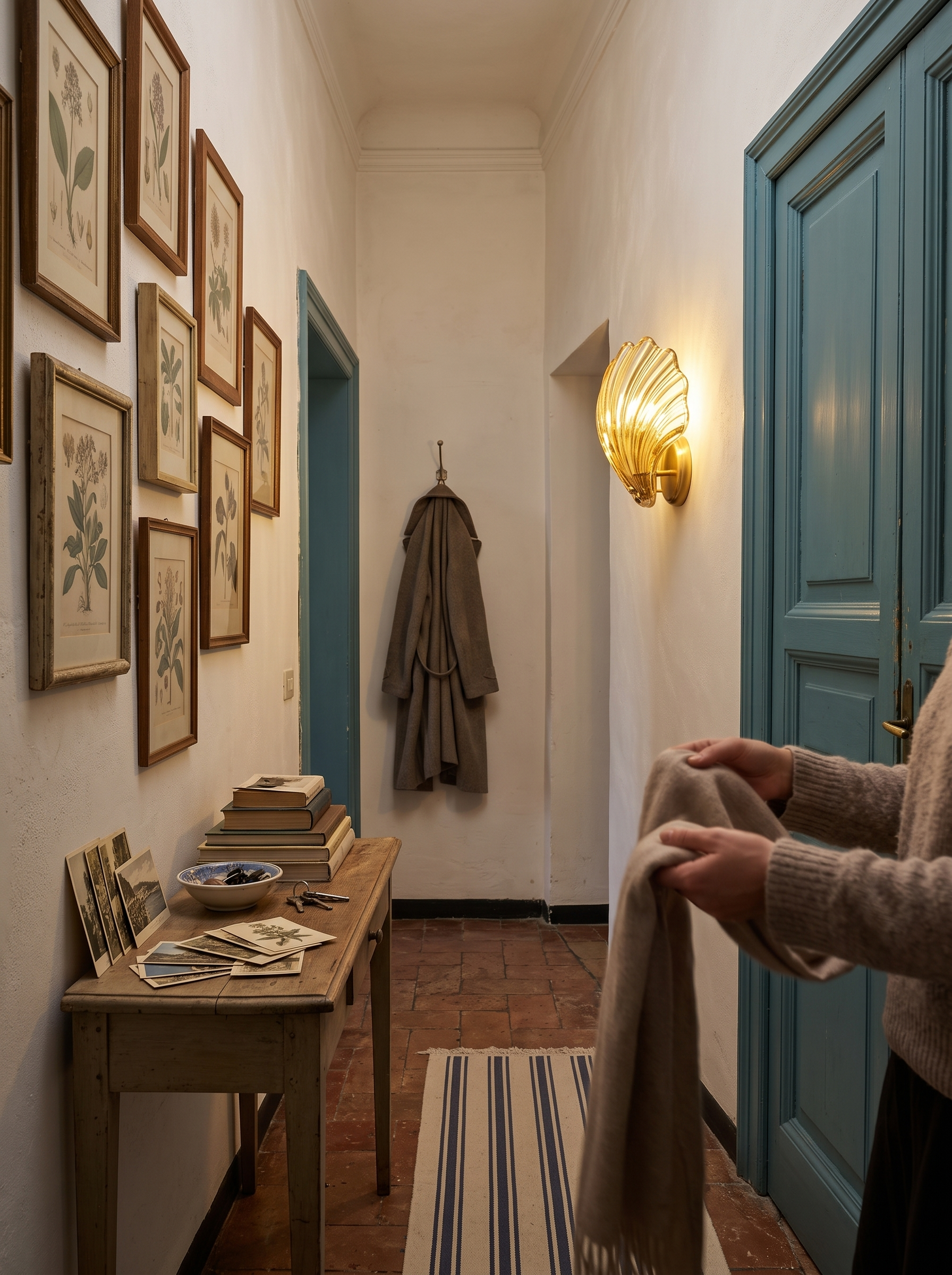 Halia amber glass wall light lighting a hallway console in an old town apartment