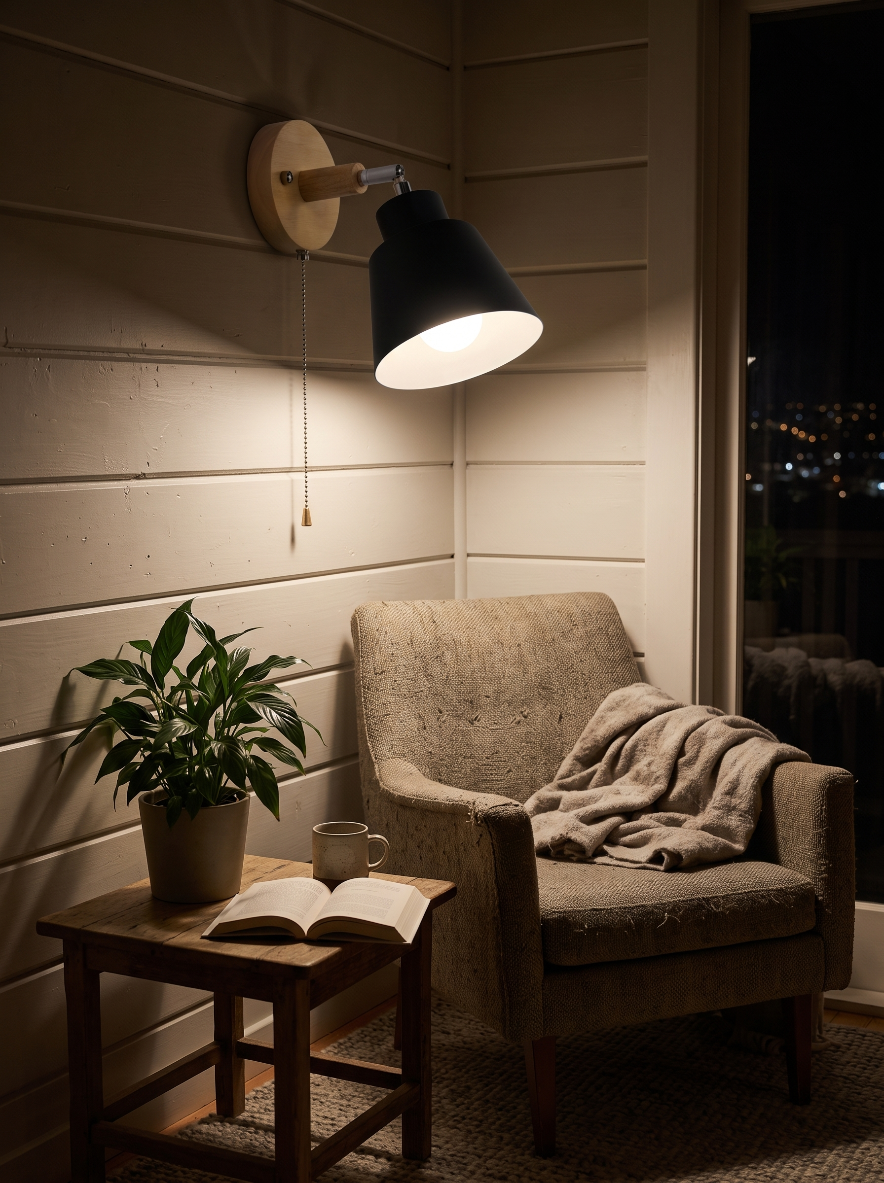 Strophios rotating wood wall sconce at night in a furnished reading corner