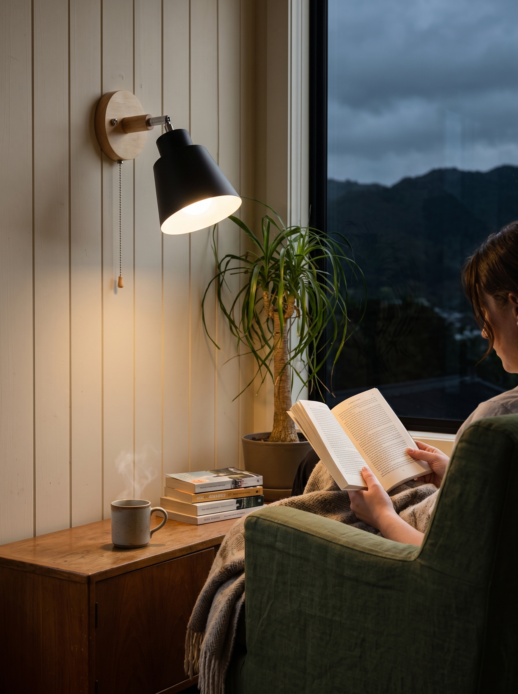 Strophios rotating wood wall sconce angled onto a book in a reading corner