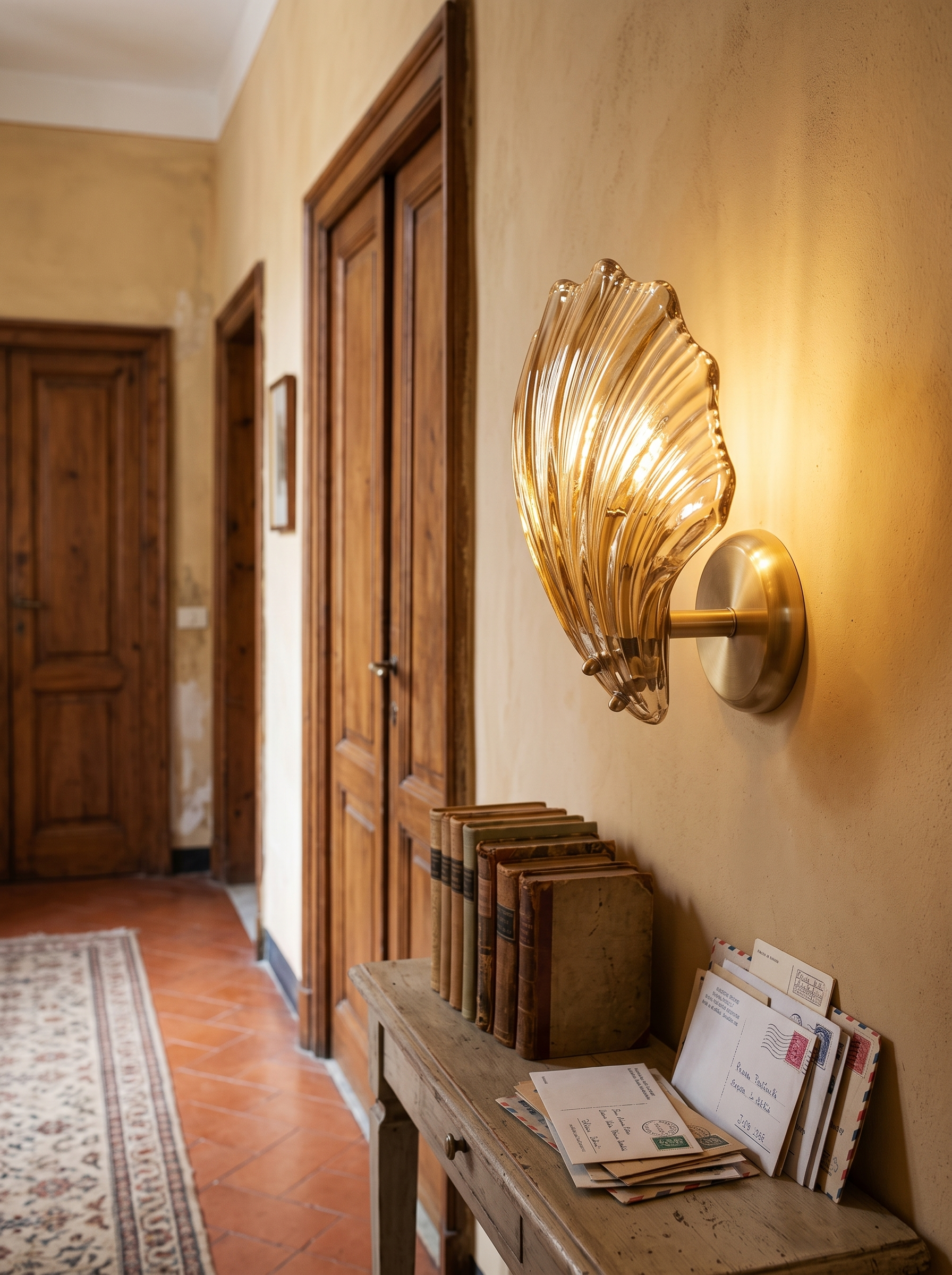 Halia amber glass wall light, close view of the shell shade on its brass wall plate