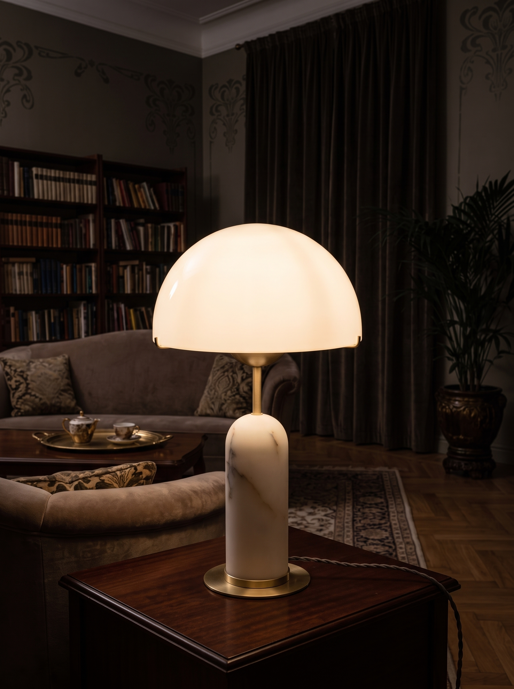 Chrysothemis alabaster globe table lamp at night in a furnished living room