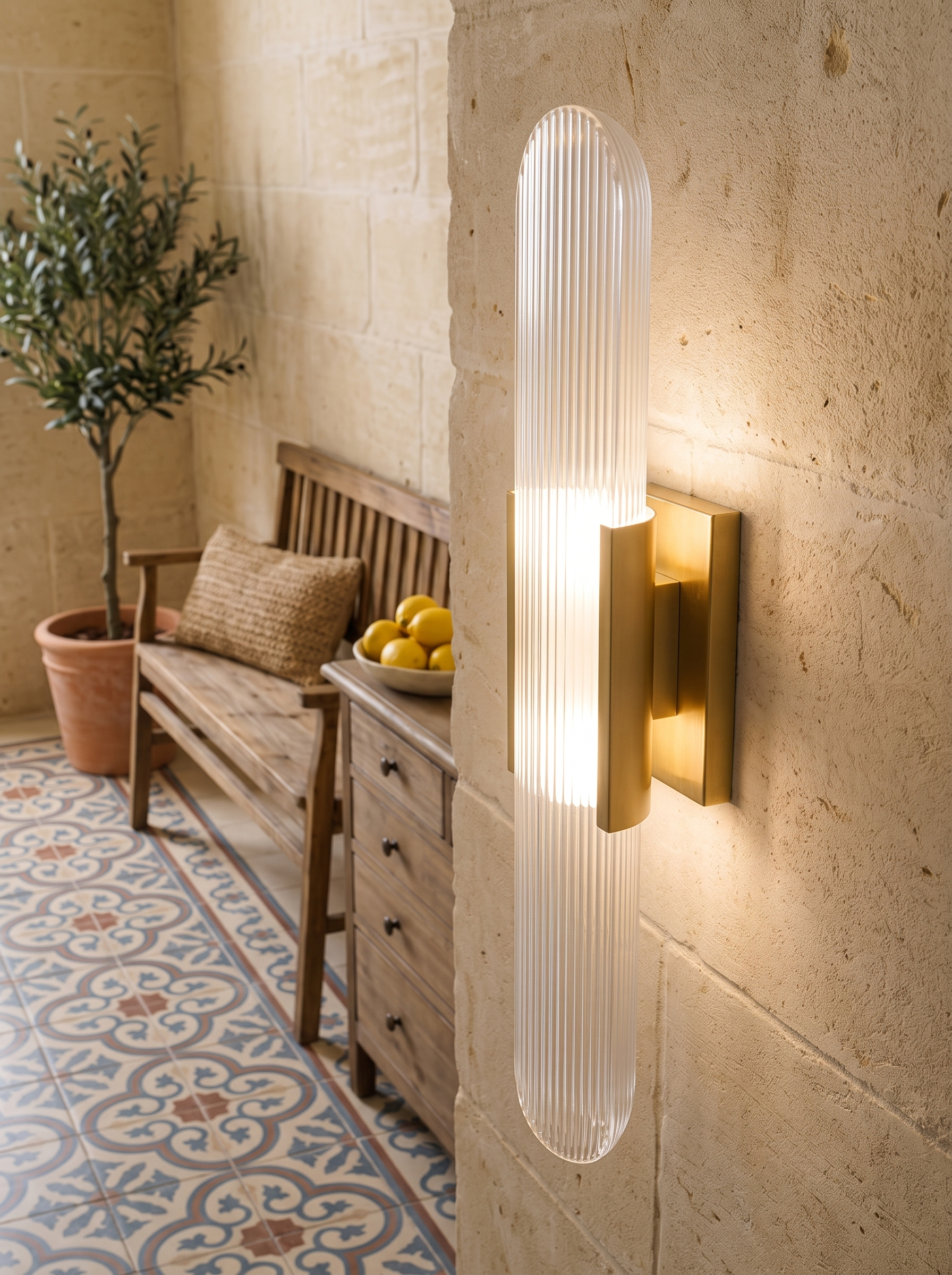 Prymno alabaster wall sconce, close view of the carved stone shade and bracket