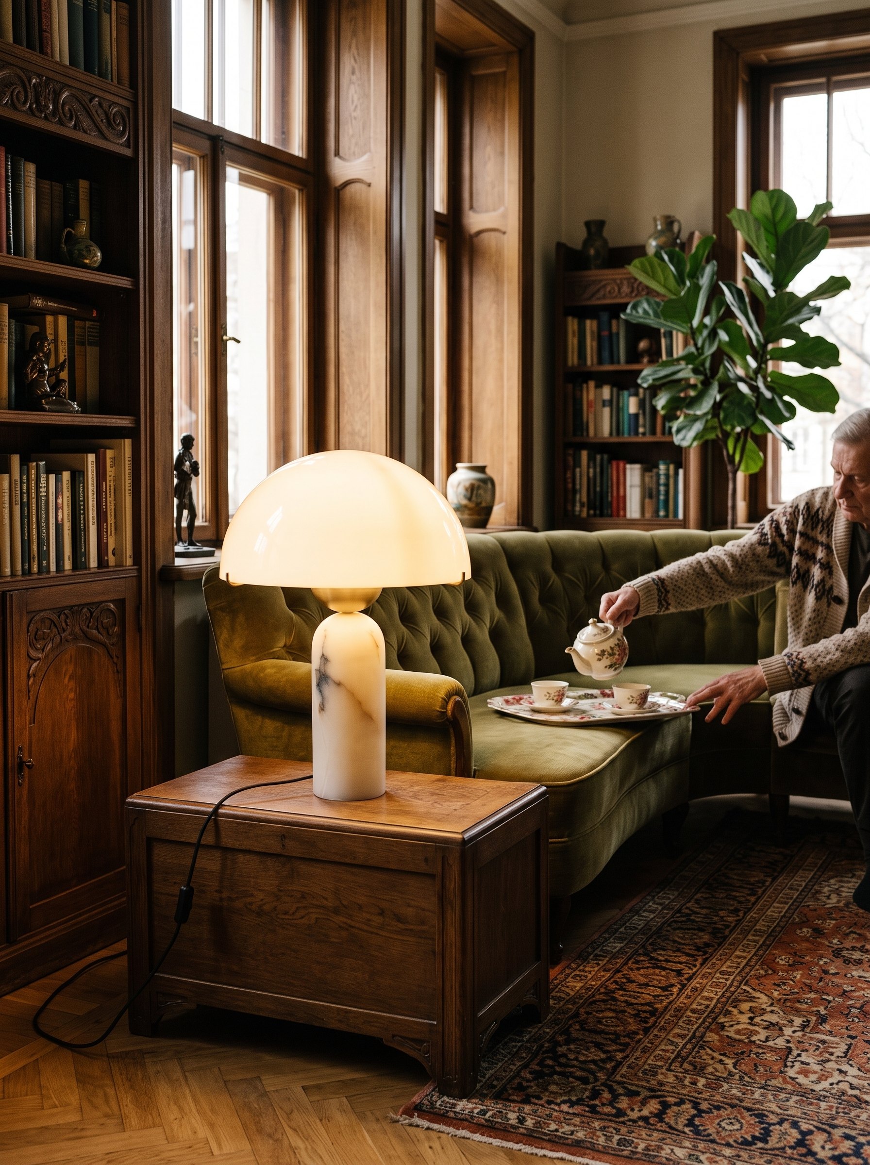 Chrysothemis alabaster globe table lamp in a furnished living room