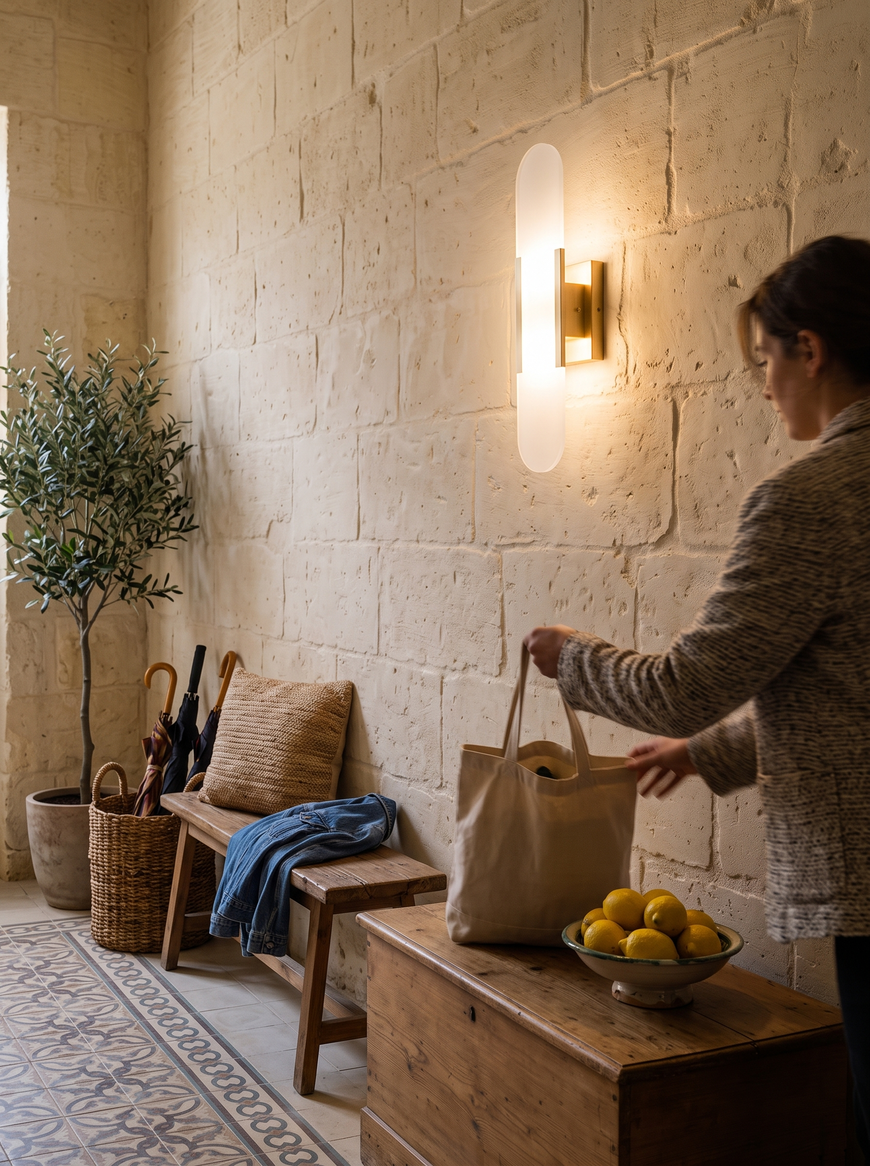 Prymno alabaster wall sconce in a limestone townhouse entry hall