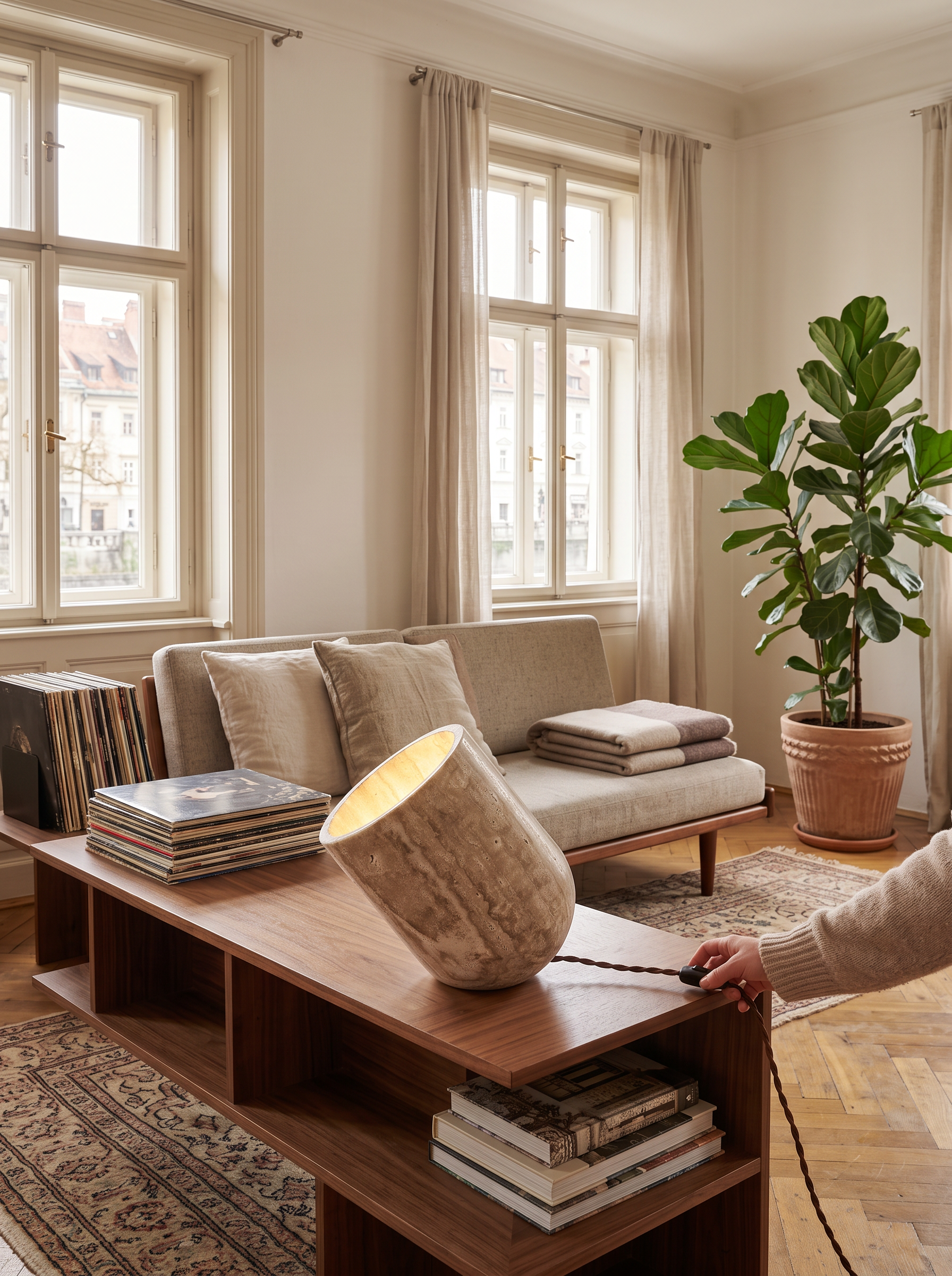 Heliodora travertine table lamp on a shelf in a furnished living room