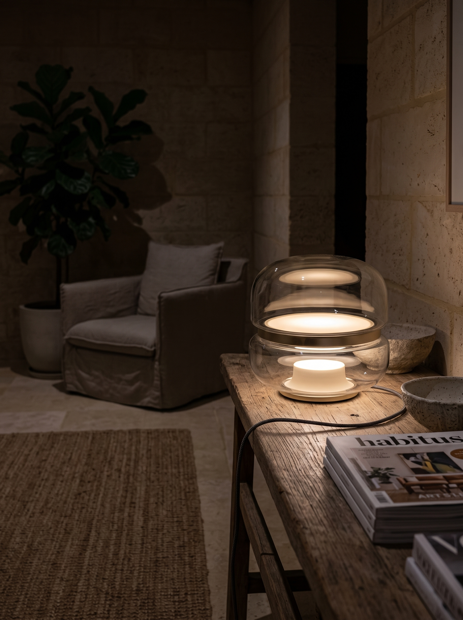Nerine blown glass and alabaster table lamp at night in a furnished entry