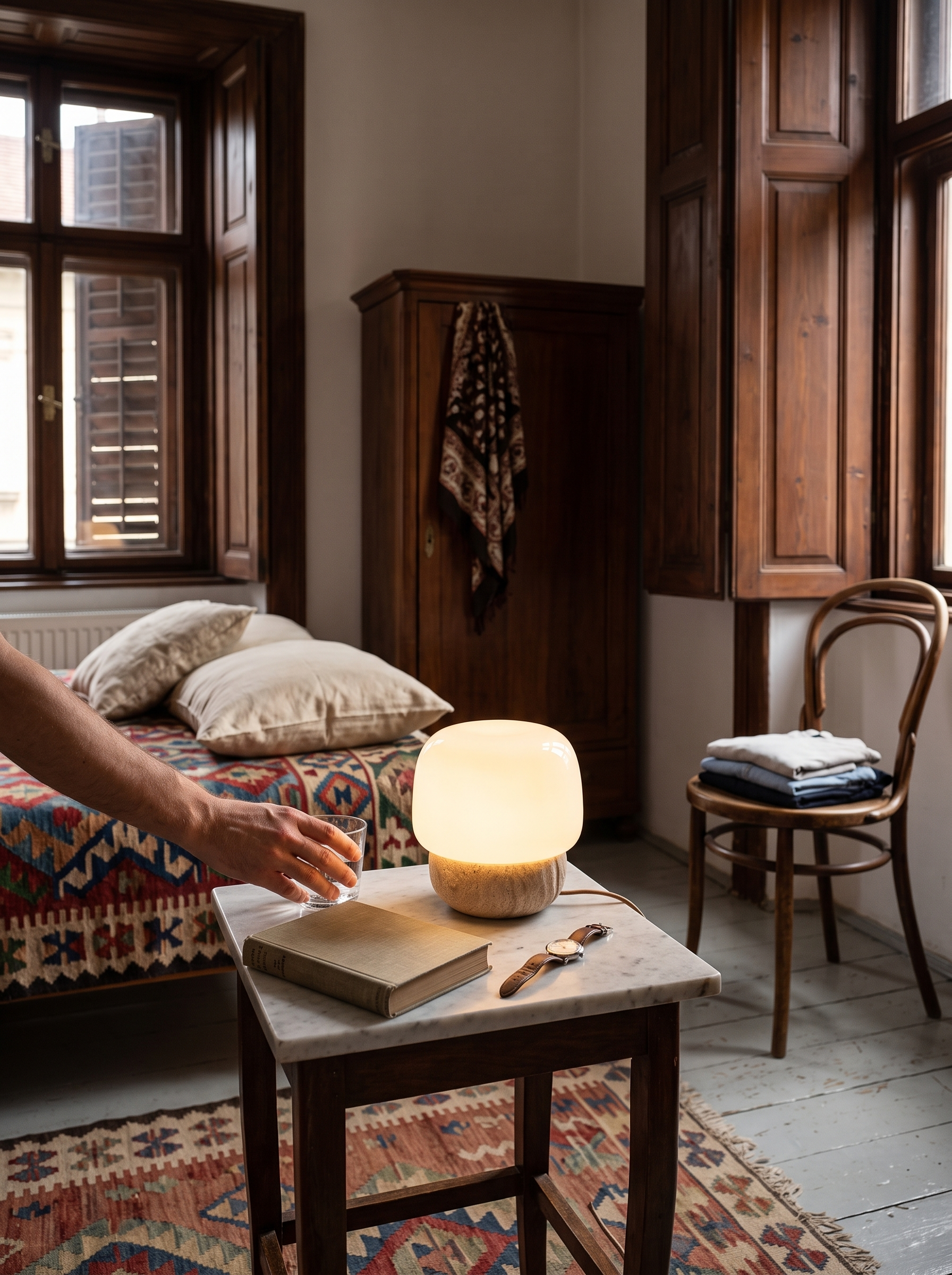Pasithea travertine and glass table lamp on a bedroom nightstand