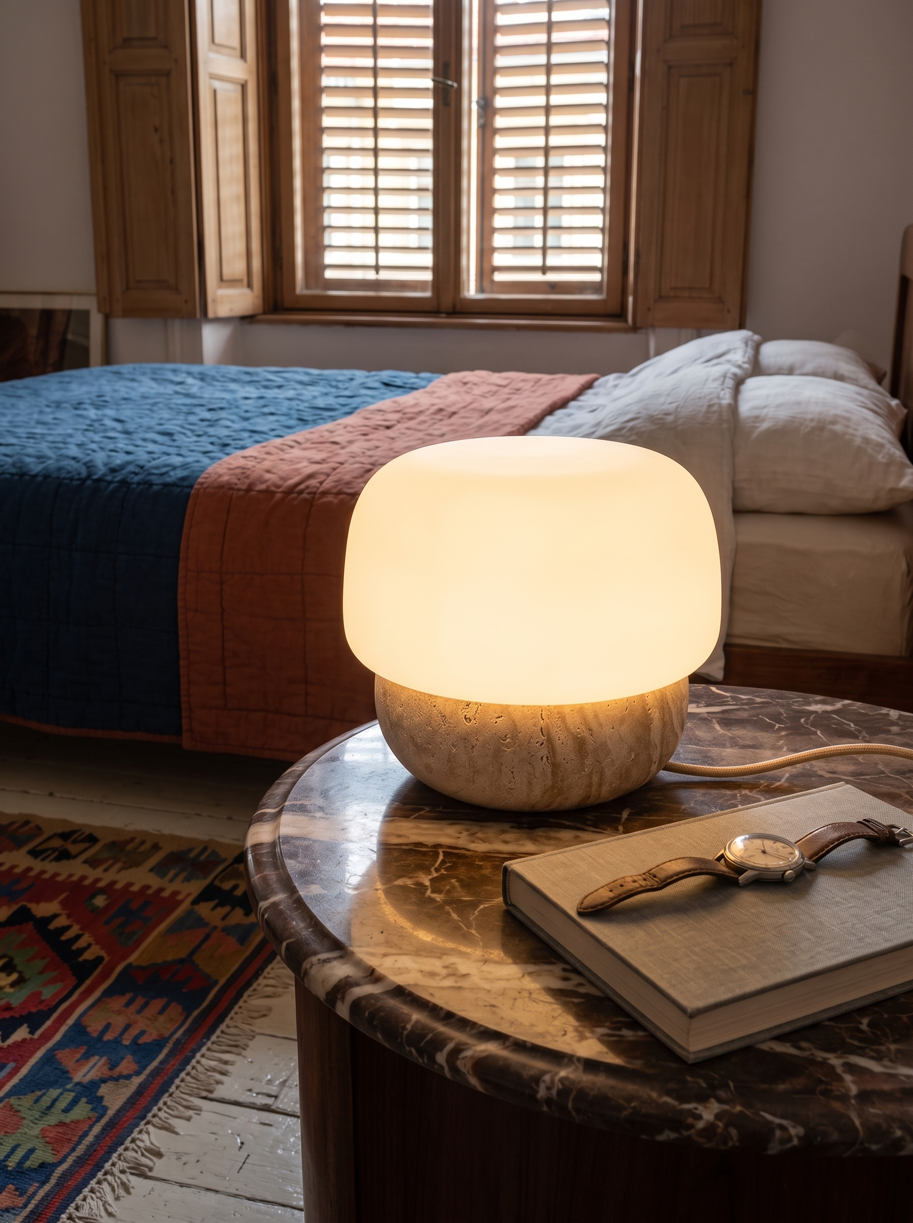 Pasithea table lamp, close view of the white glass shade on the polished stone base