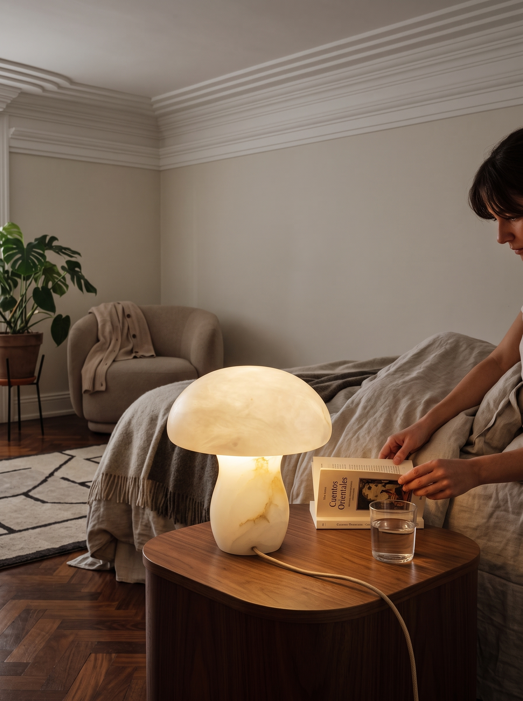 Alkmene alabaster mushroom table lamp on a bedside table