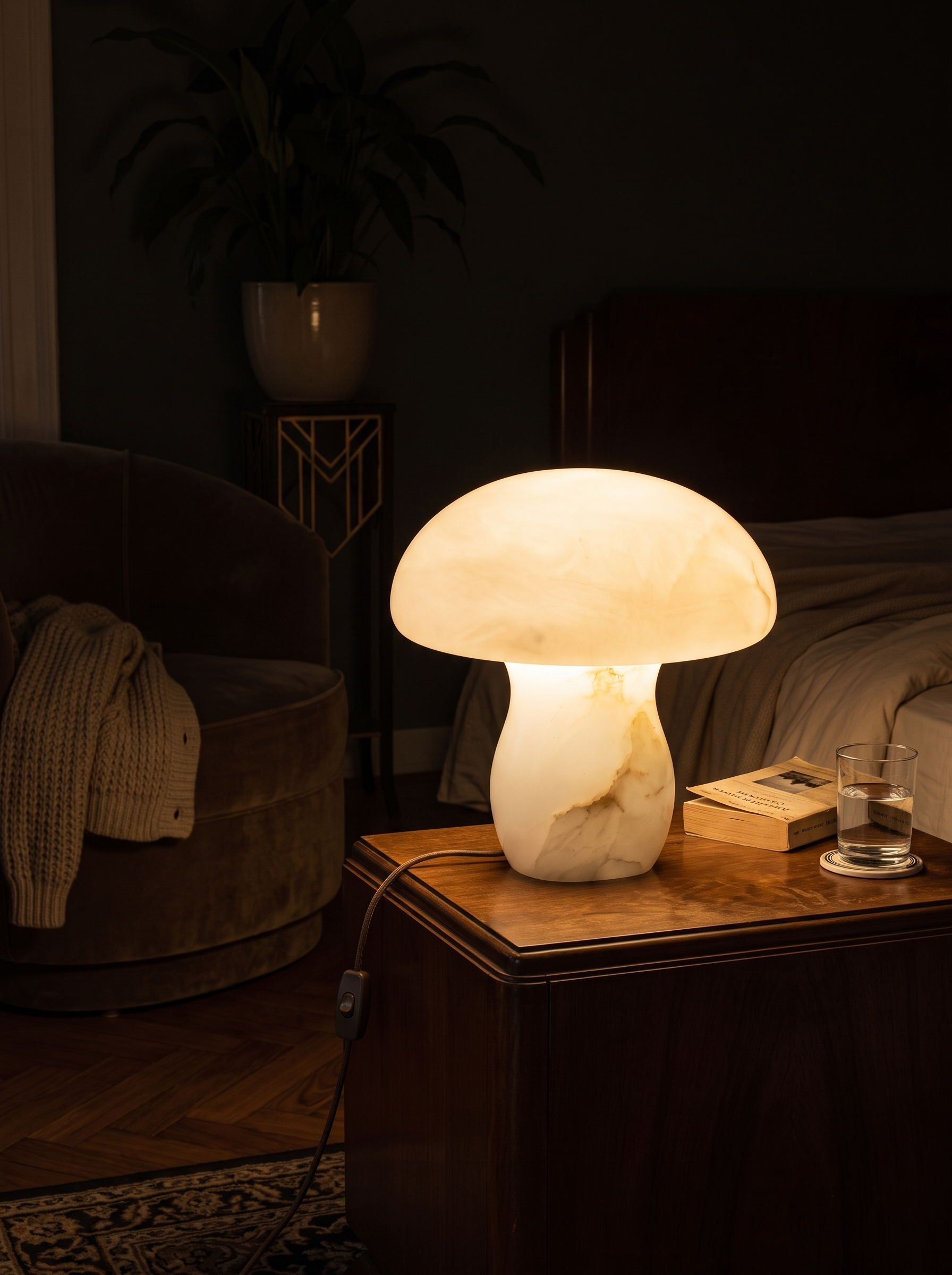 Alkmene alabaster mushroom table lamp at night in a furnished bedroom
