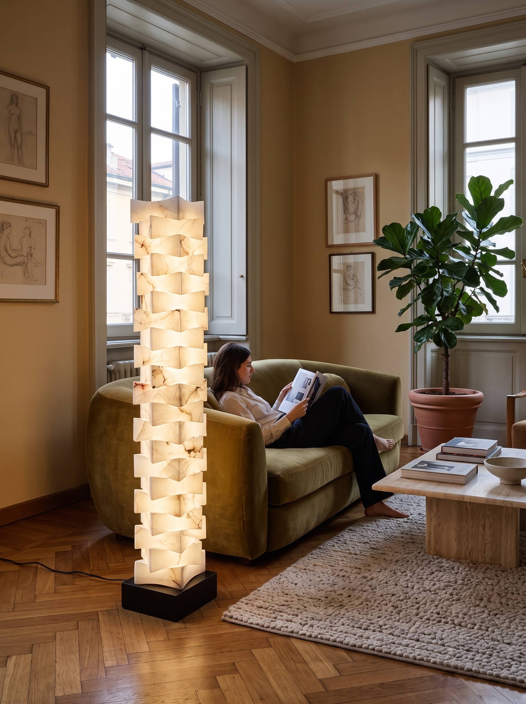 Pandia alabaster floor lamp in a furnished living room