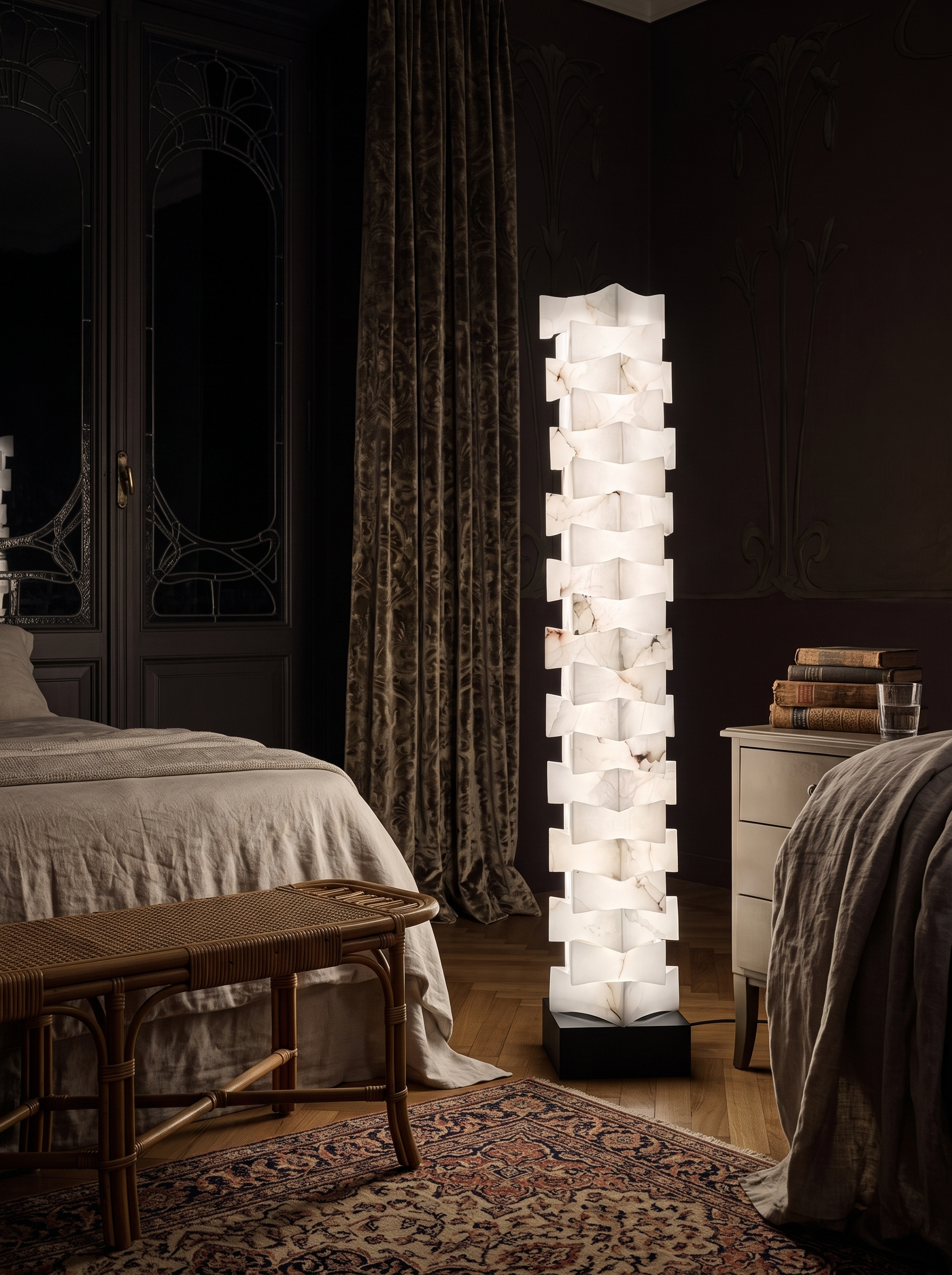 Pandia alabaster floor lamp lighting a bedroom at night