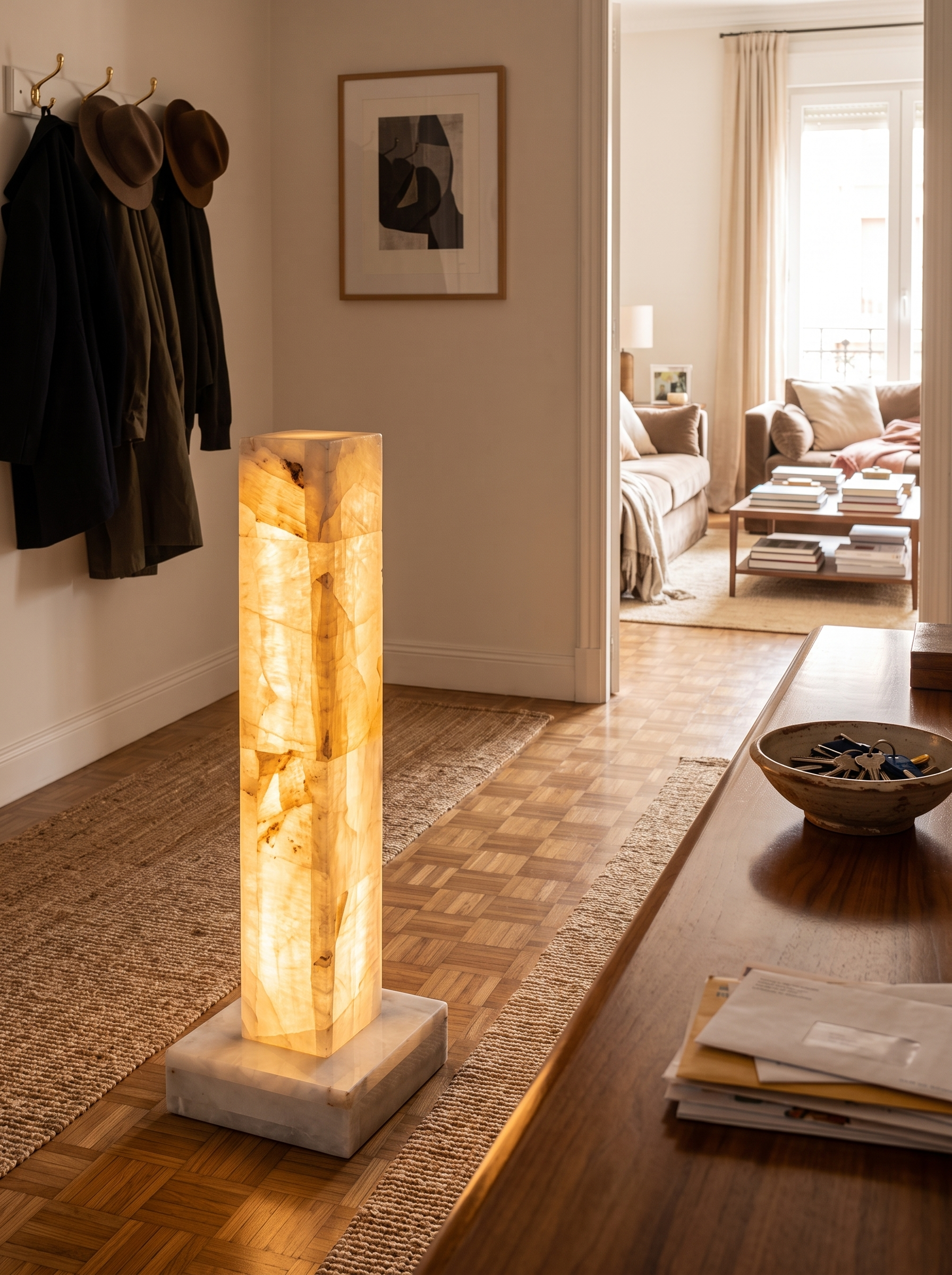Chione alabaster floor lamp, close view of the stone and marble base