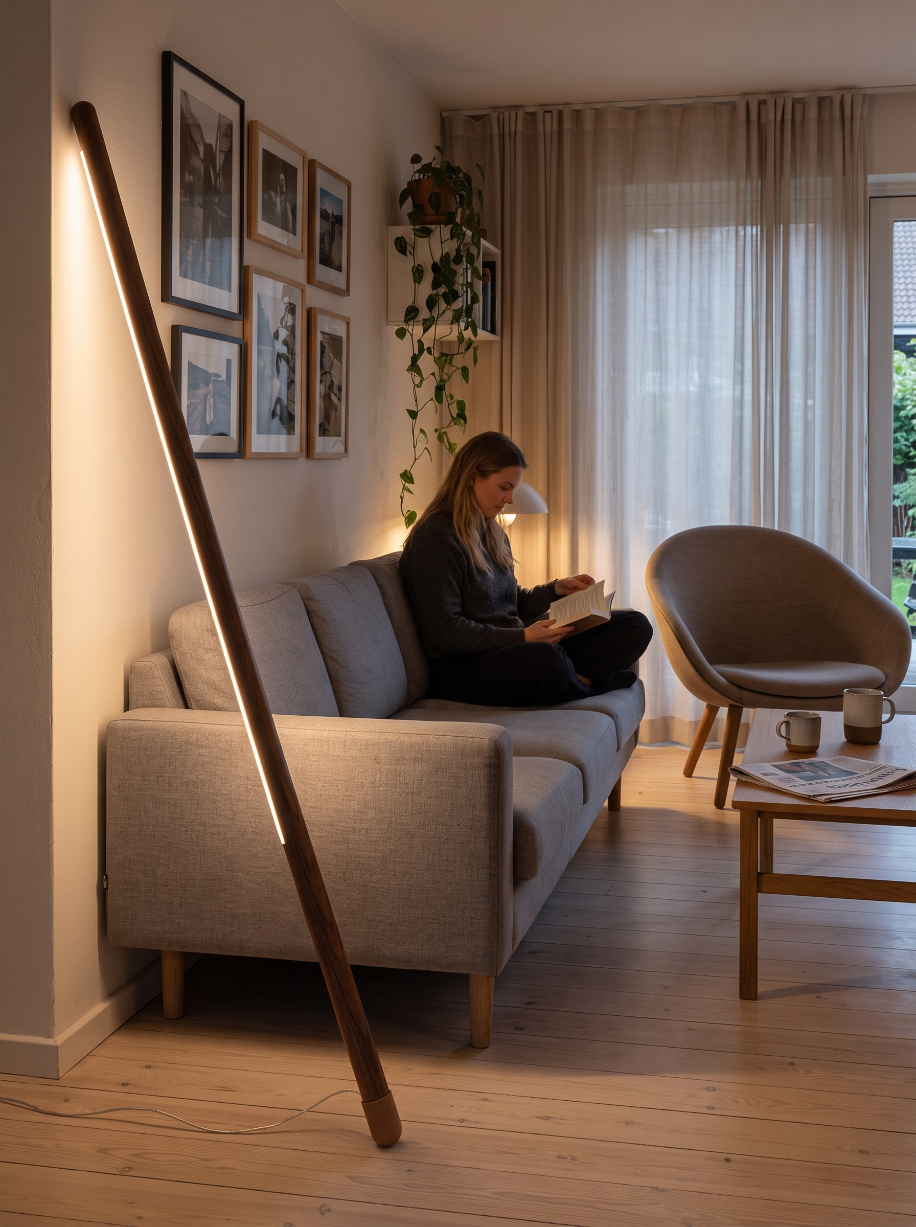 Stilbe slim wood LED lamp leaning in a furnished living room